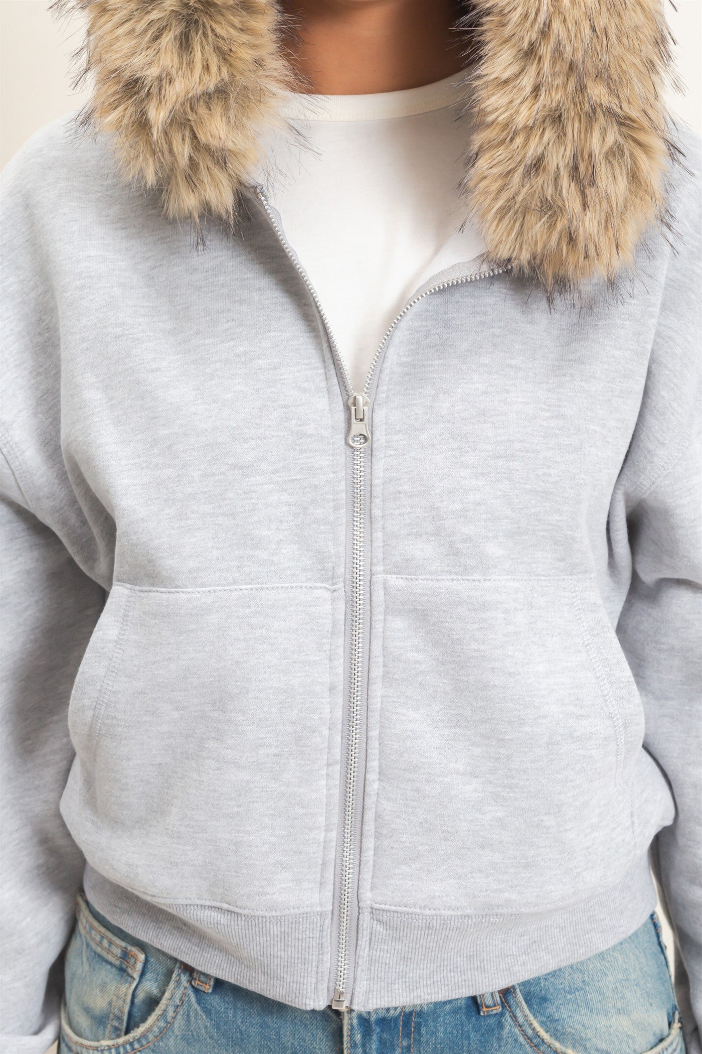 Wholesale Detachable Fur Zip Up Hoodie Hoodies DZ26F396 HEATHER GRAY DOUBLE ZERO