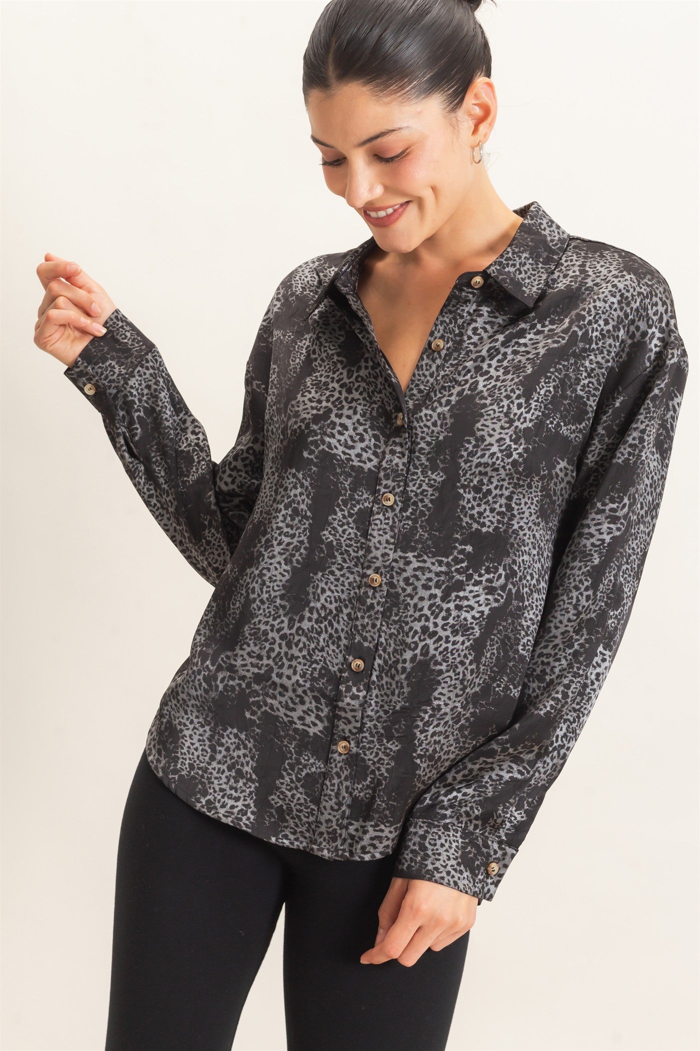 Wholesale Leopard Satin Button-Up Shirt Clothing Tops HF26E159 BLACK HYFVE