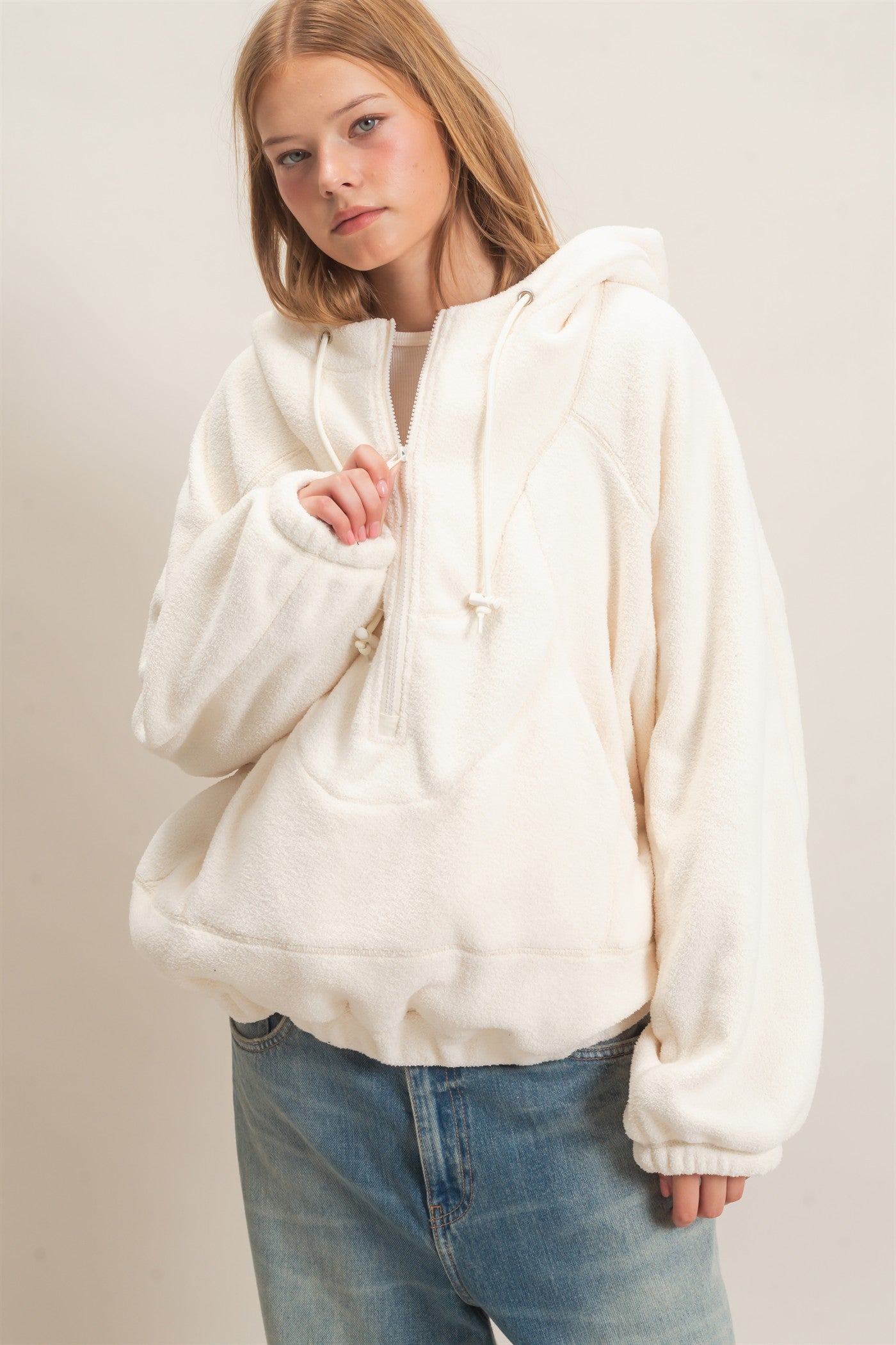 Wholesale Half-Zip Fleece Hoodie Hoodies HF26E561 WHIP CREAM HYFVE