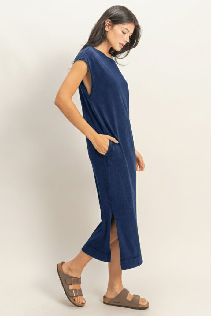 Wholesale Mineral Wash Cap Sleeve Midi Dress Dresses DZ26A049 NAVY DOUBLE ZERO