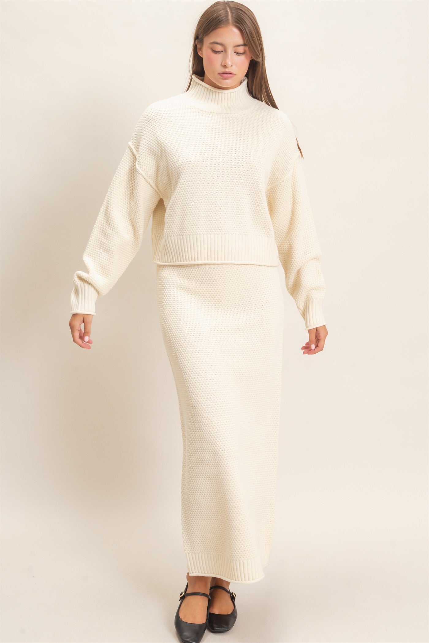 Wholesale High Neck Long Sleeve Top & Maxi Skirt Set Clothing DZ26E272-SET CREAM DOUBLE ZERO