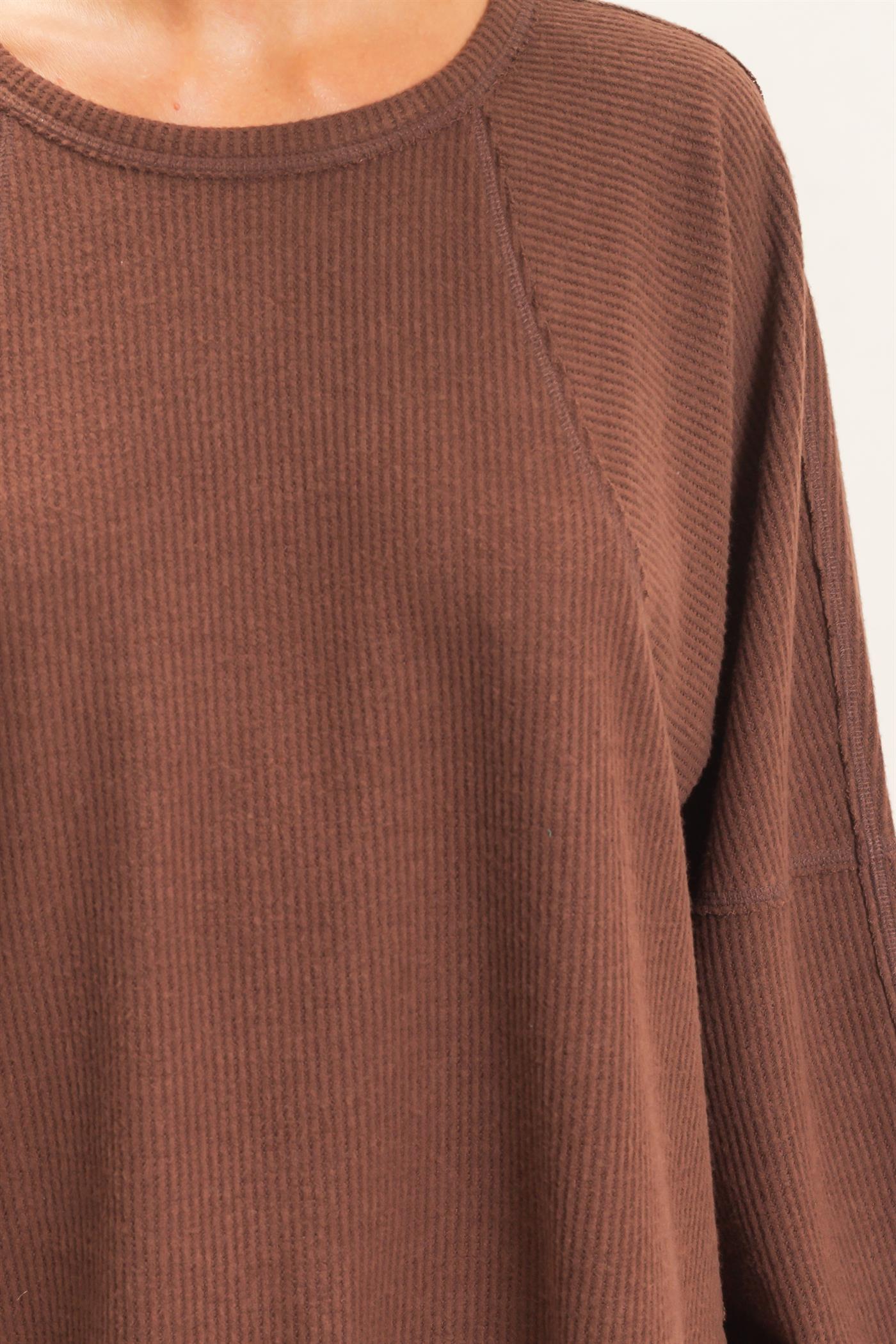 Wholesale Brushed Waffle Long Sleeve Top Clothing Tops DZ26F312 DARK BROWN DOUBLE ZERO