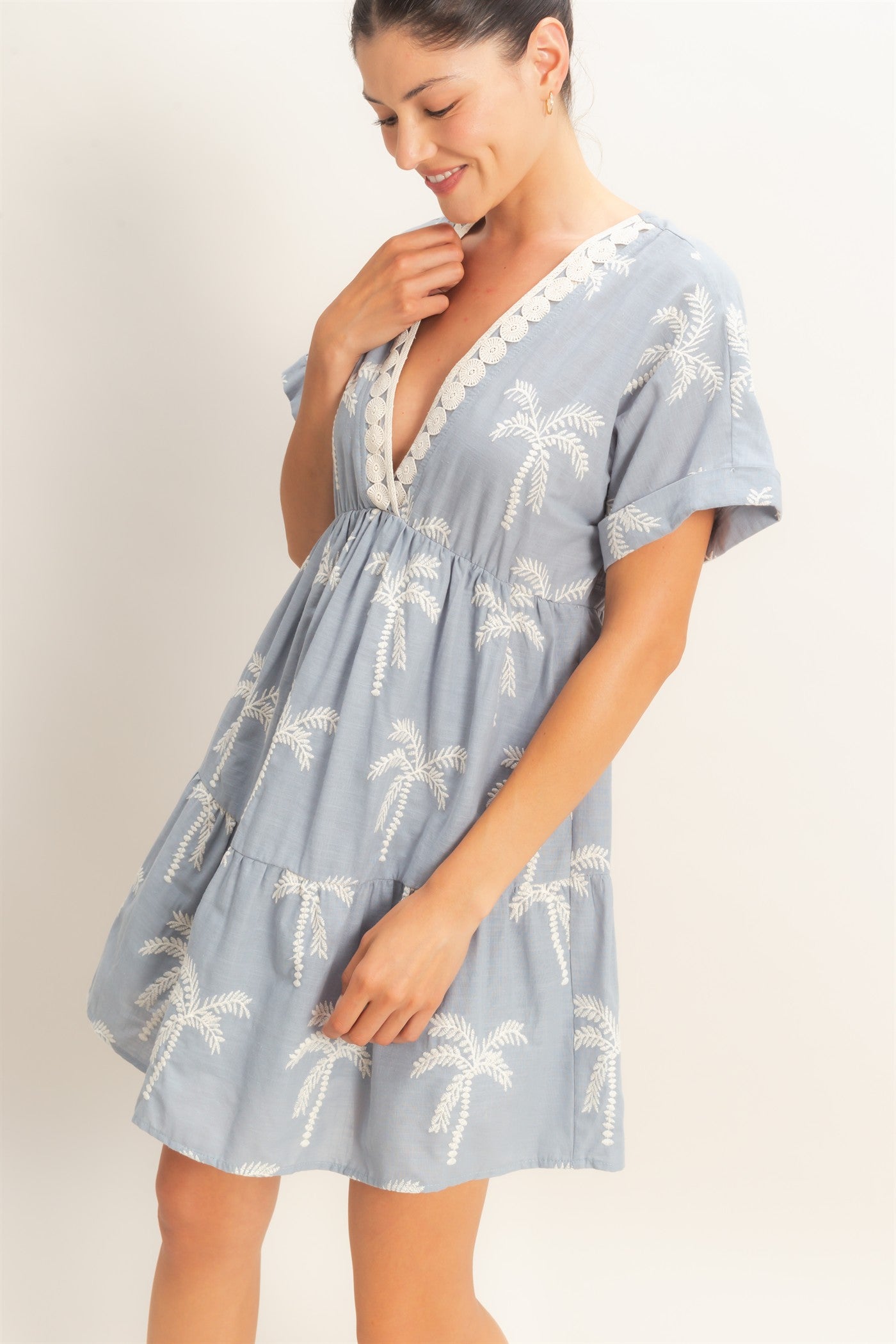 Wholesale Tiered V-Neck Dress Dresses HF26C231 DUSTY BLUE HYFVE