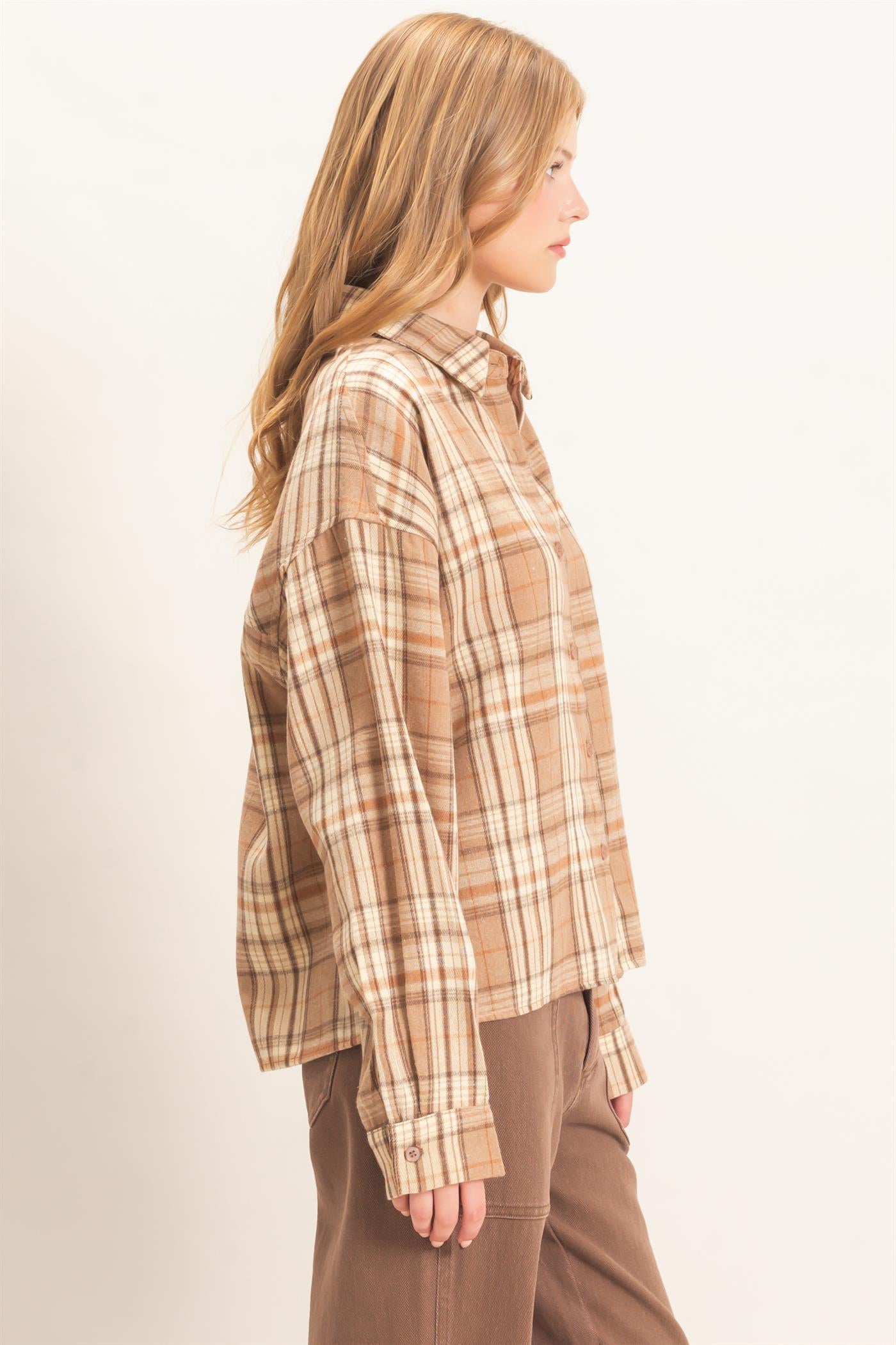 Wholesale Plaid Button-Up Shirt Clothing Tops HF26E467 MOCHA HYFVE