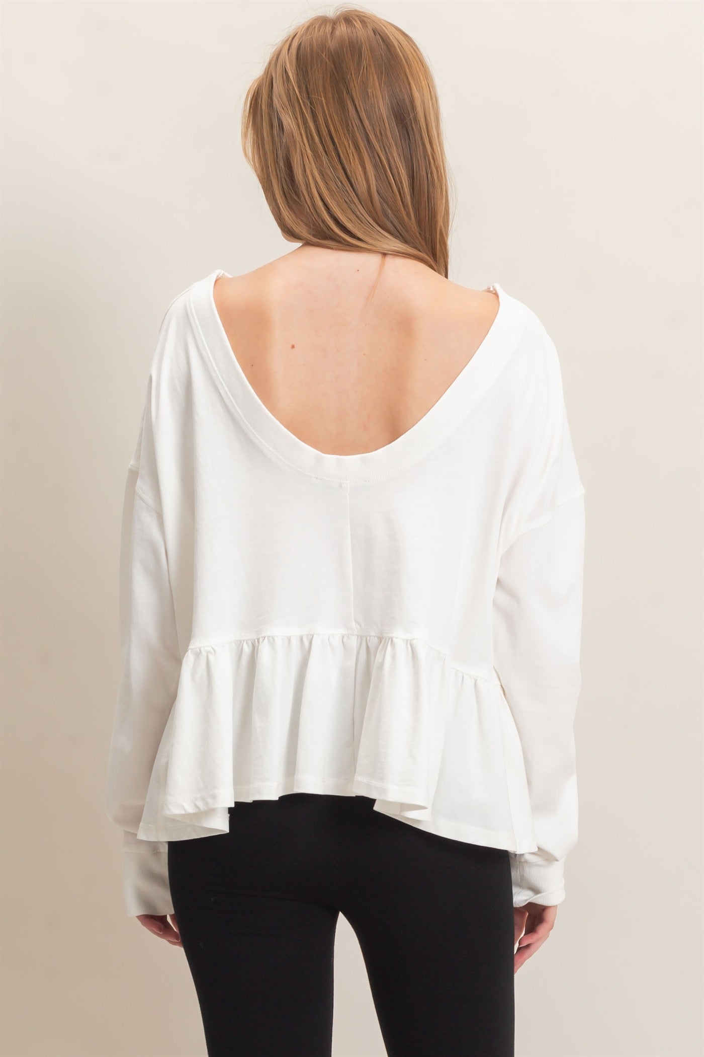Wholesale Ruffled Hem Long Sleeve Top Clothing Tops HF26E065 OFF WHITE HYFVE
