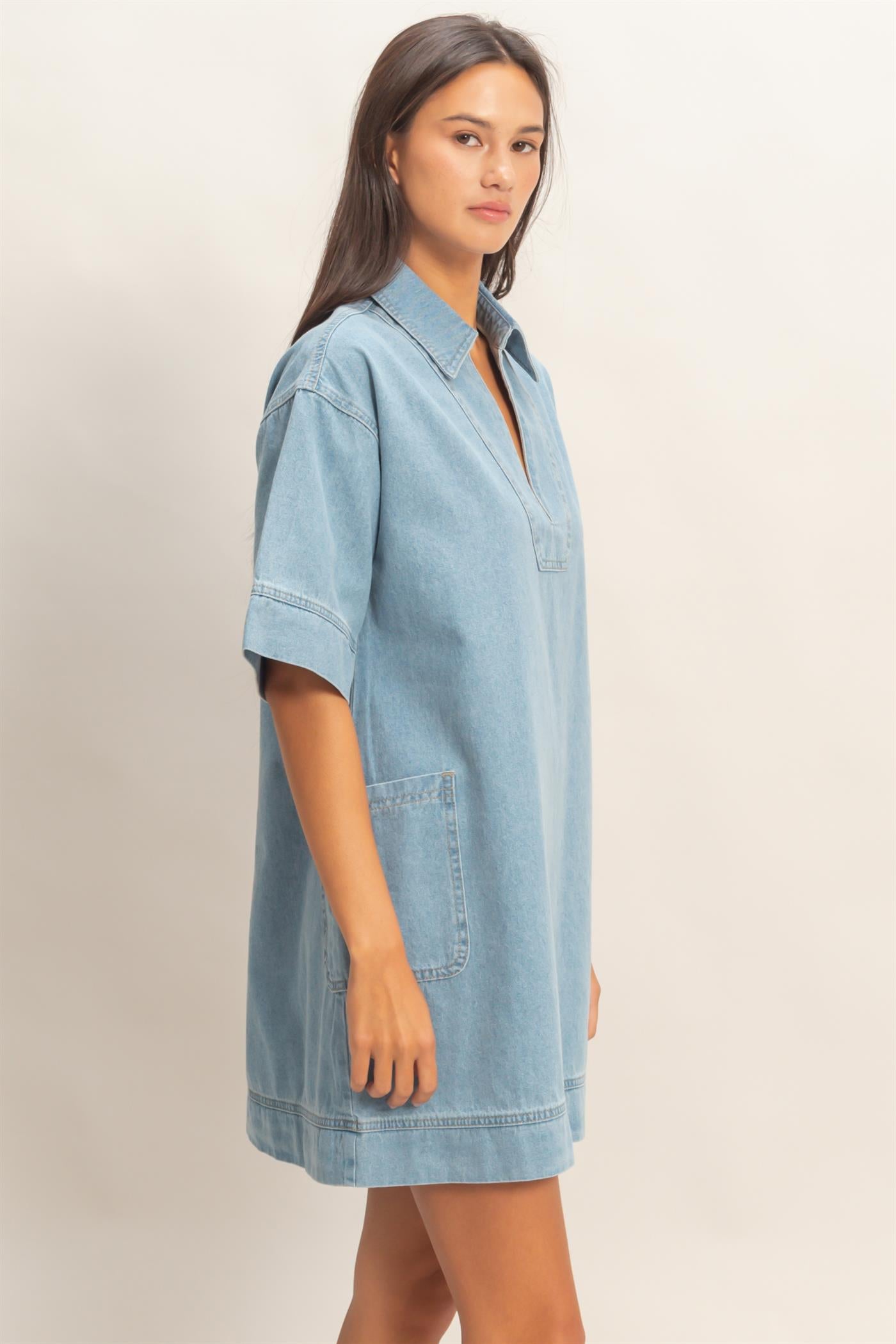 Wholesale Denim Collar Tunic Dress Dresses DZ25F163 LIGHT BLUE DOUBLE ZERO