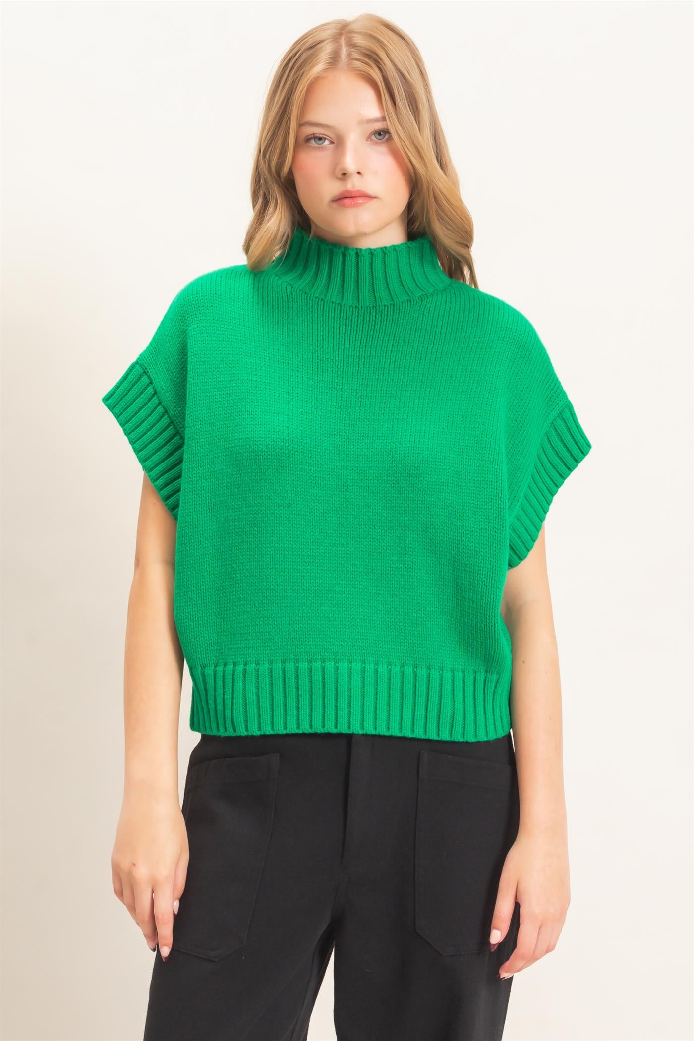 Wholesale Ribbed Mock Neck Sweater Vest Sweaters HF26F186-D GREEN HYFVE