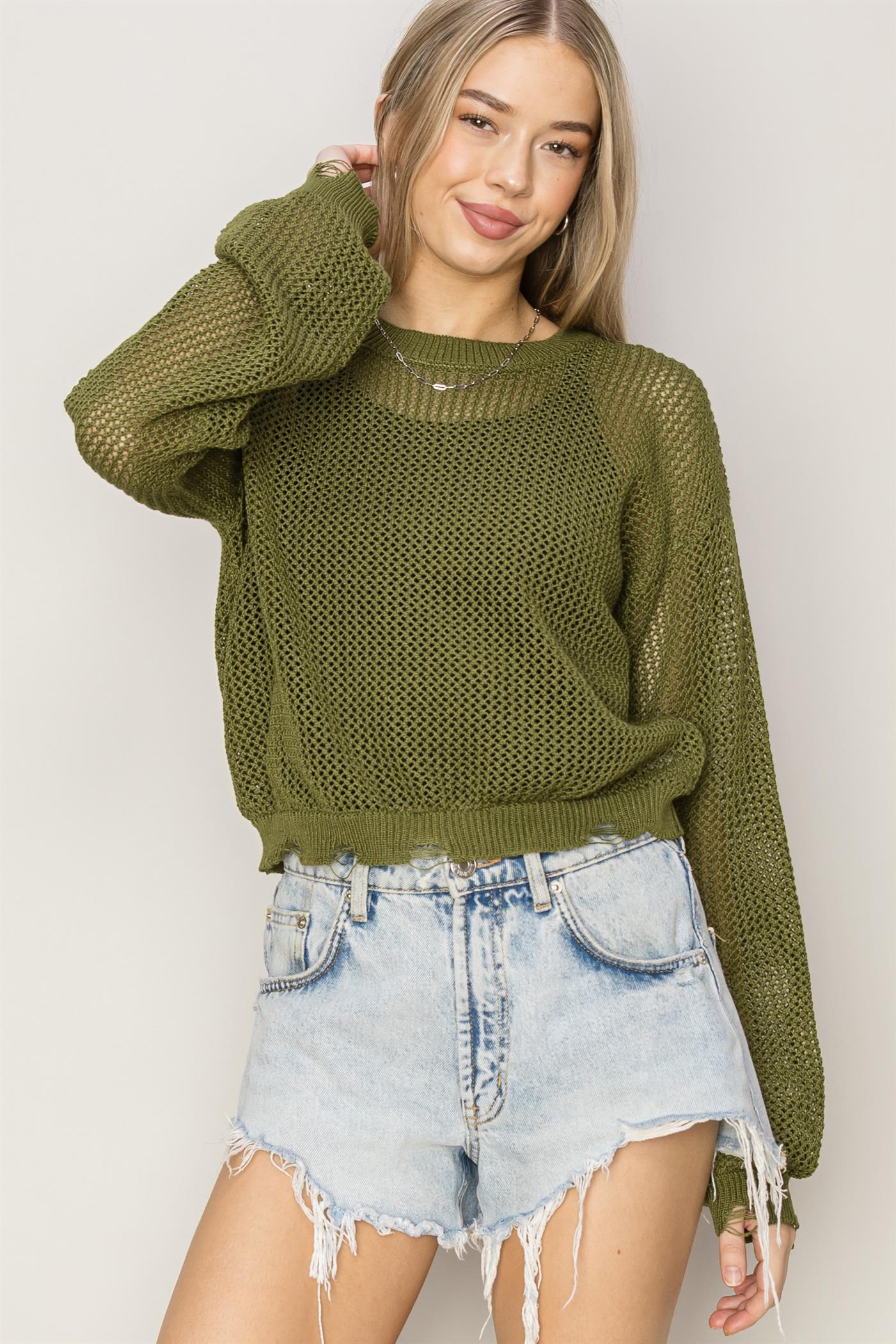 Wholesale Distressed Knit Sweater Clothing Tops DZ24C038 MOSS DOUBLE ZERO