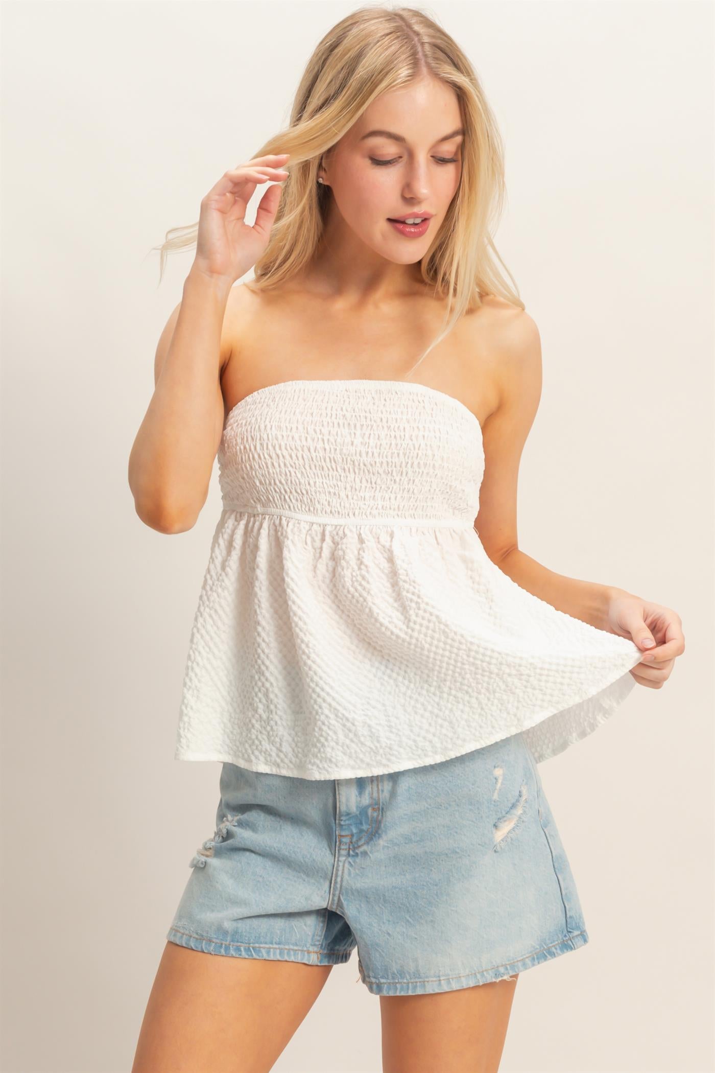 Wholesale Smocked Tube Top With Tie Back Clothing Tops HF26A757 OFF WHITE HYFVE