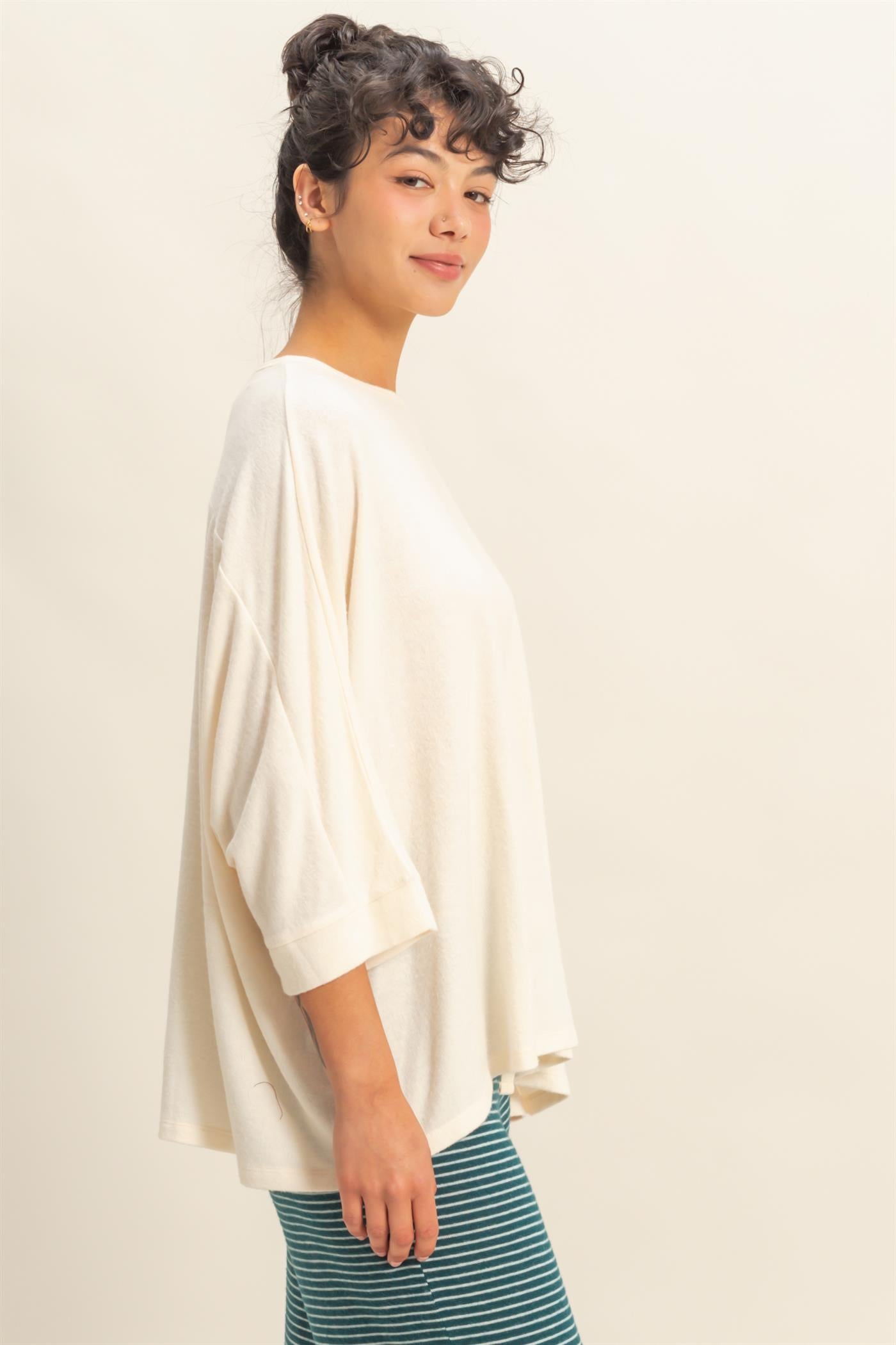 Wholesale Batwing 3/4 Sleeve Oversized Top Clothing Tops DZ25E133 CREAM DOUBLE ZERO