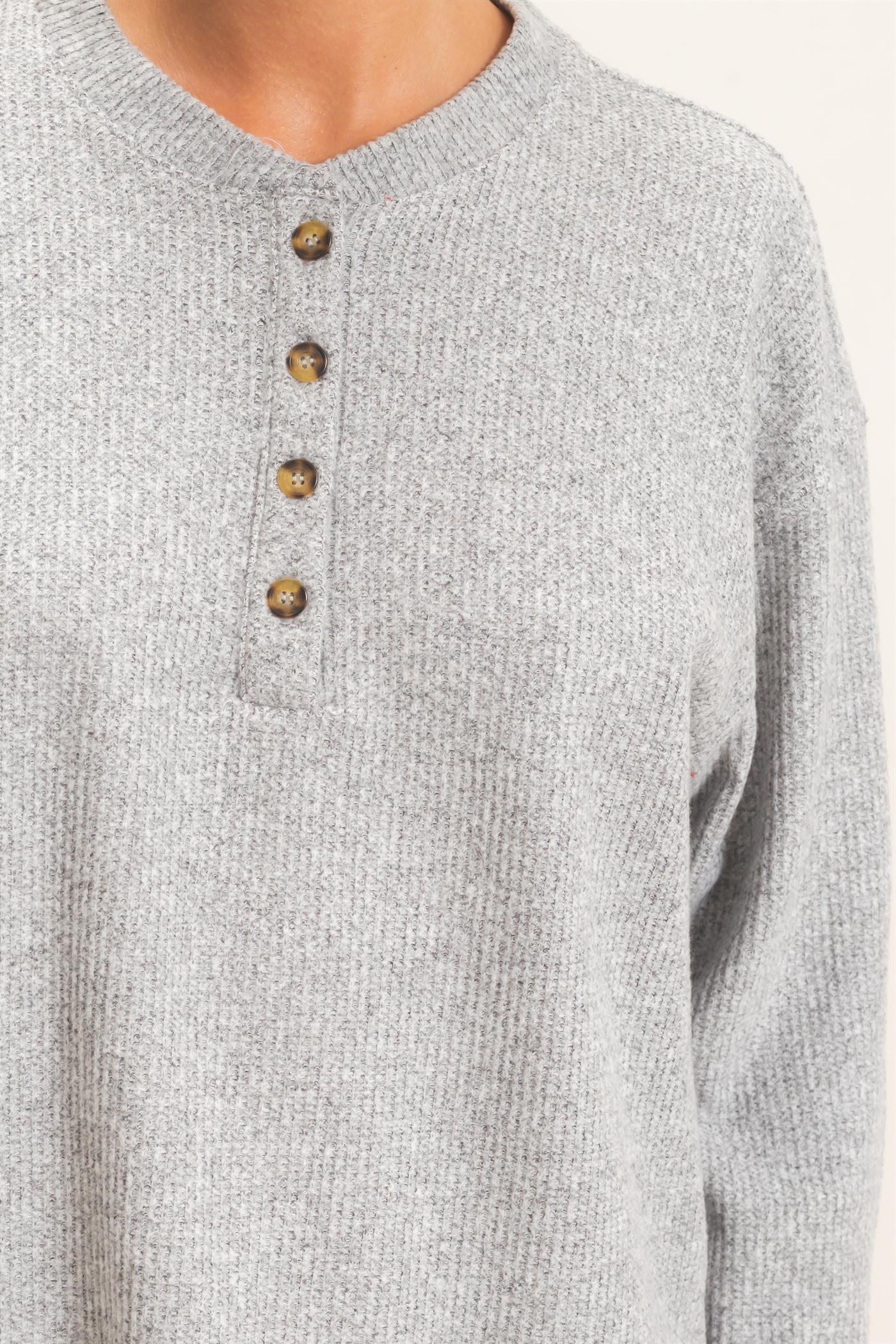 Wholesale Brushed Waffle Henley Top Clothing Tops DZ26F314 HEATHER GRAY DOUBLE ZERO