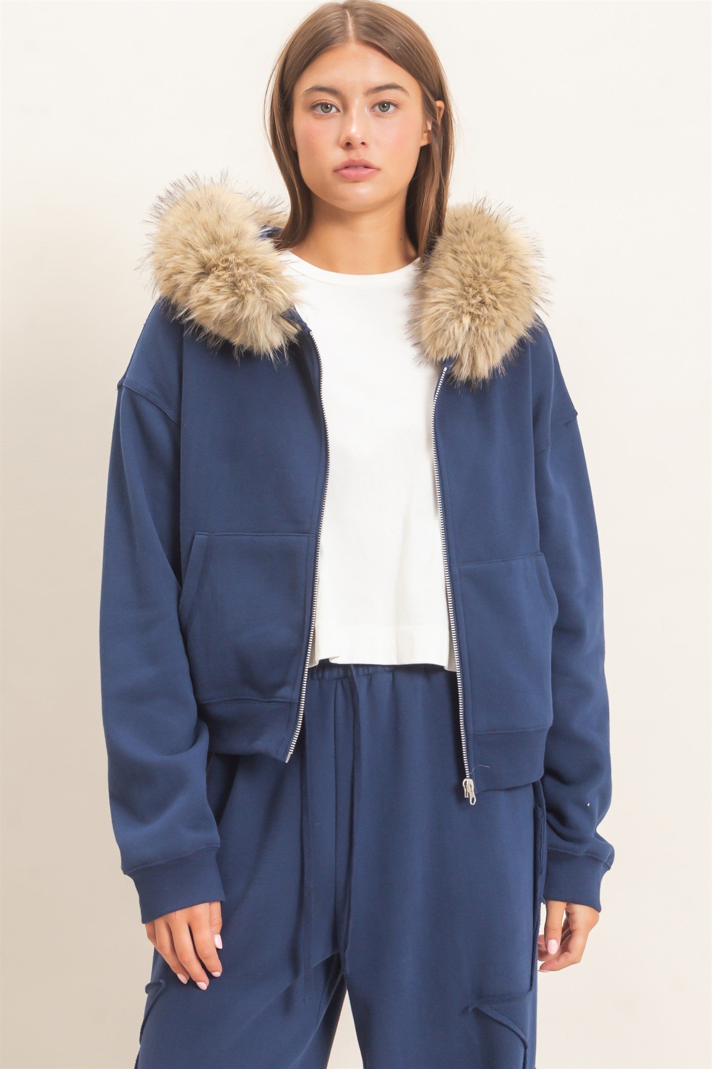 Wholesale Detachable Fur Zip Up Hoodie Hoodies DZ26F396 NAVY DOUBLE ZERO