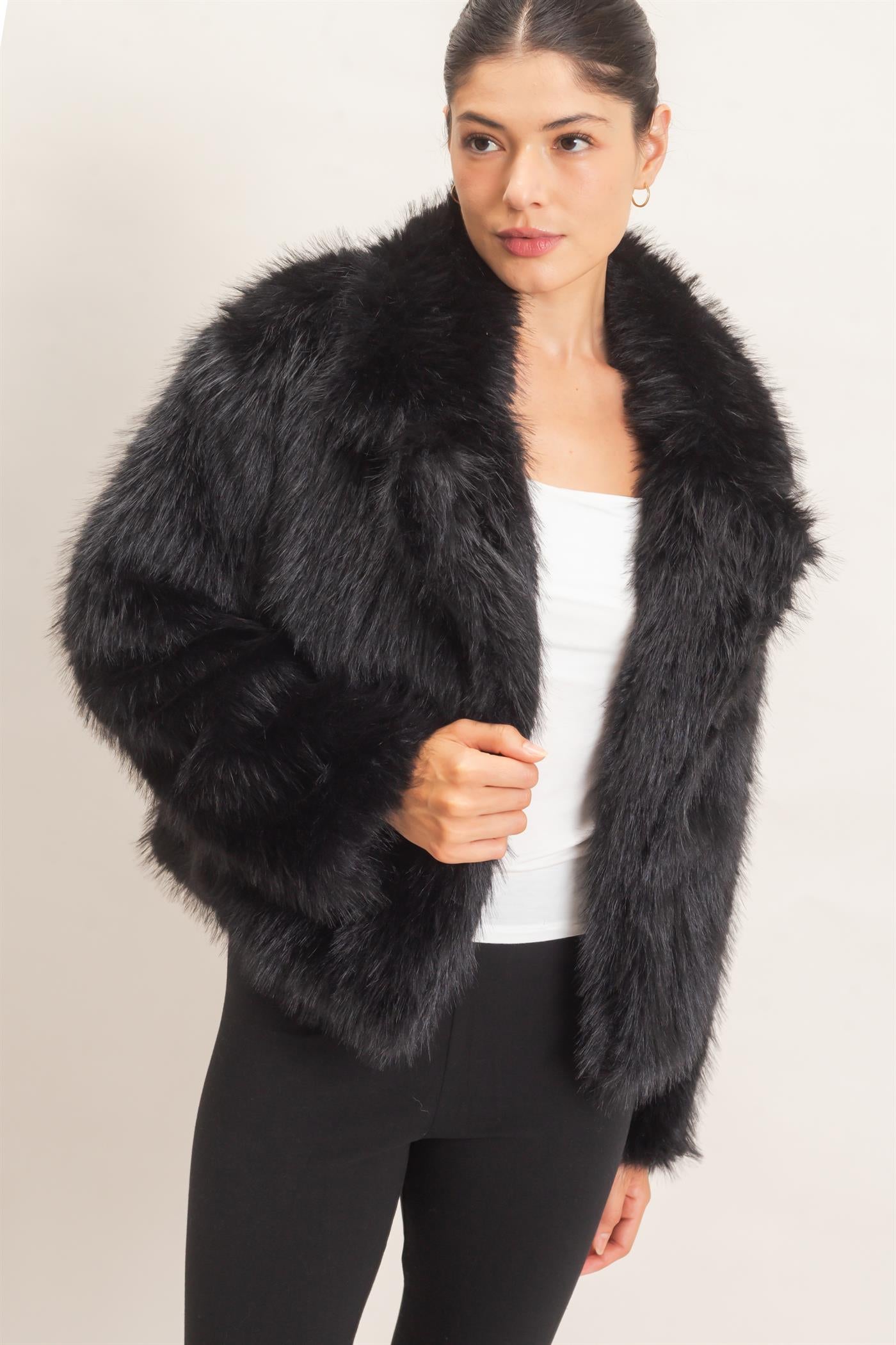 Wholesale Shawl Collar Faux Fur Jacket Outerwear HF26F207-D BLACK HYFVE