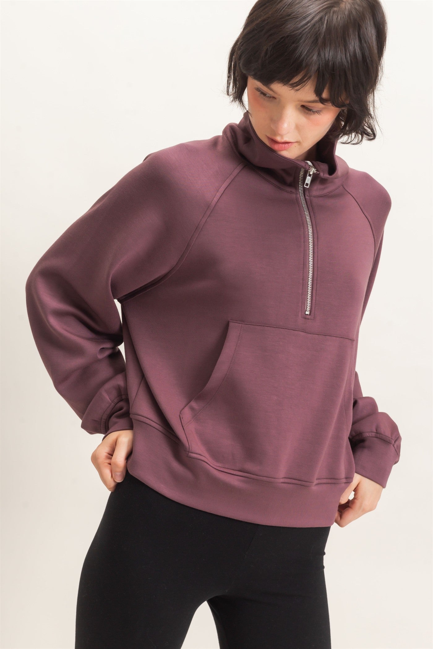 Wholesale Half-Zip Collar Raglan Pullover Sweatshirts DZ26C967 COCOA DOUBLE ZERO