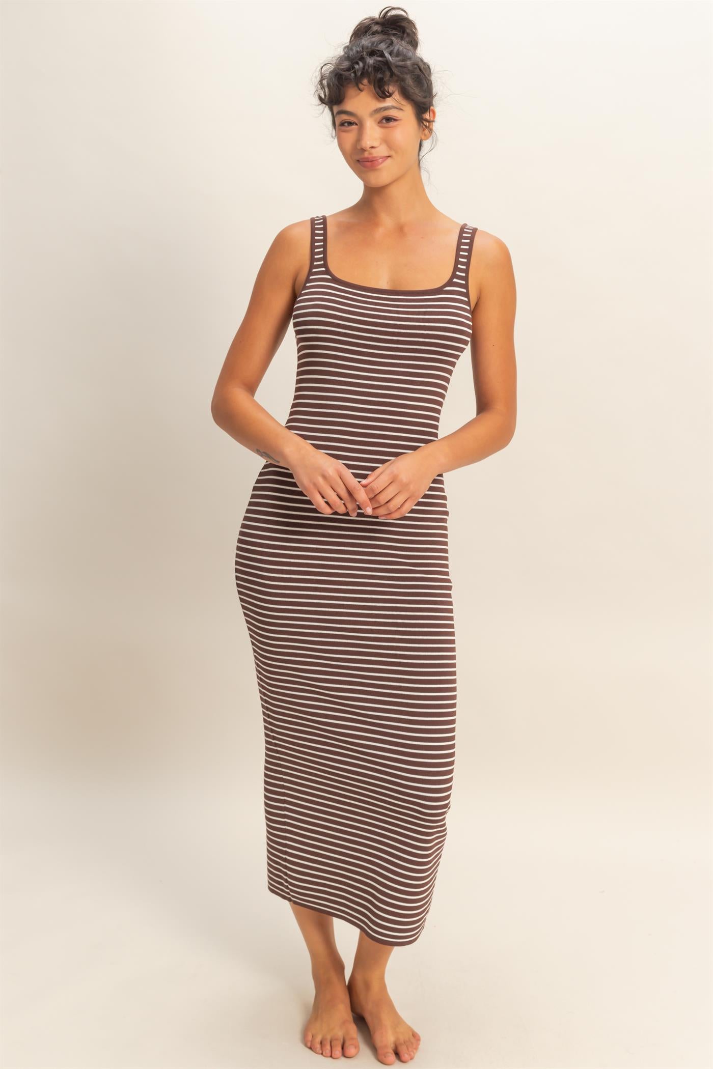 Wholesale Striped Bodycon Midi Dress With Back Slit Dresses DZ26C340 CHOCOLATE DOUBLE ZERO