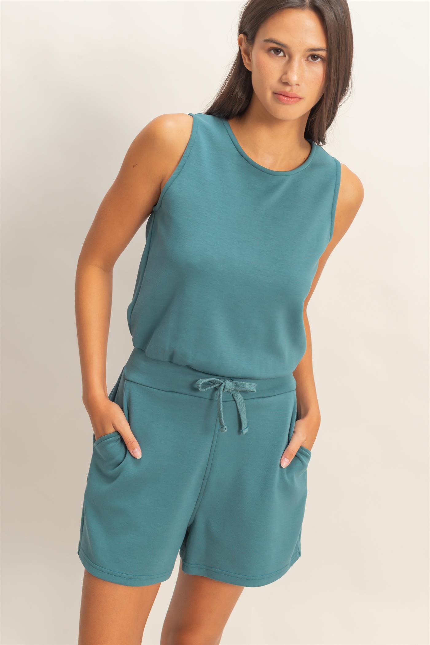 Wholesale Drawstring Waist Sleeveless Romper Clothing DZ26C732 DARK TEAL DOUBLE ZERO