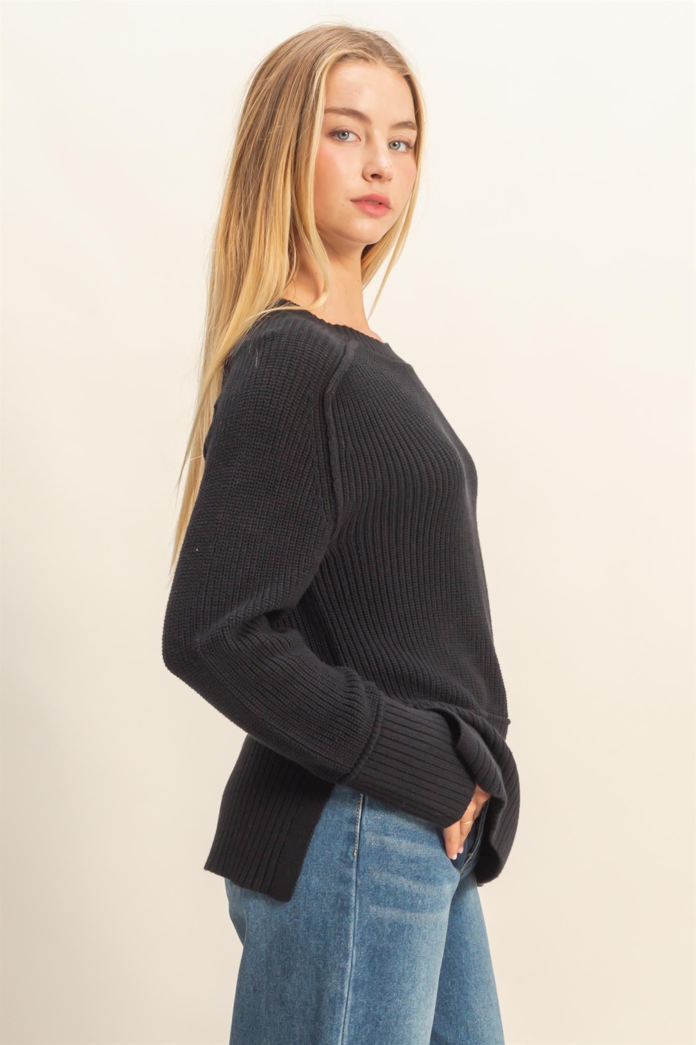 Wholesale Ragaln Long Sleeve Side Slit Sweater Sweaters DZ25E812 BLACK DOUBLE ZERO