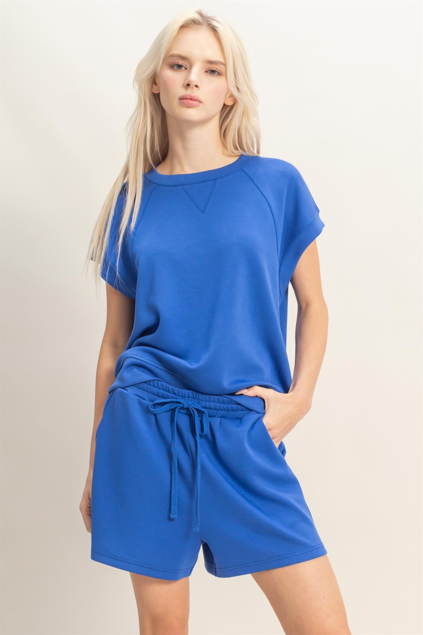Wholesale Crew Neck Sleeveless Top And Shorts Set Clothing DZ26C575-SET COBALT DOUBLE ZERO