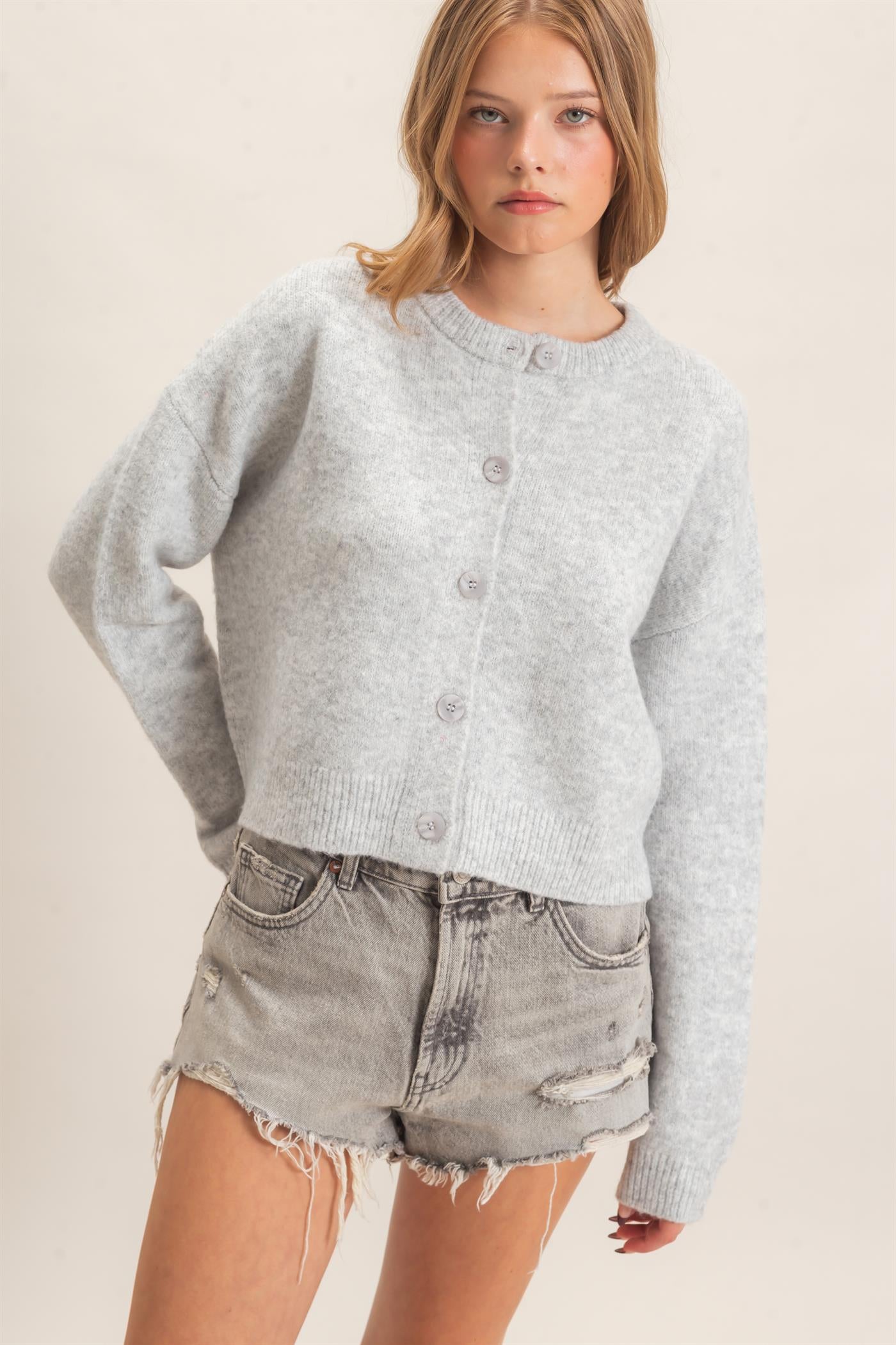 Wholesale Crew Neck Cardigan Sweater Cardigans HF26E226-D HEATHER GRAY HYFVE