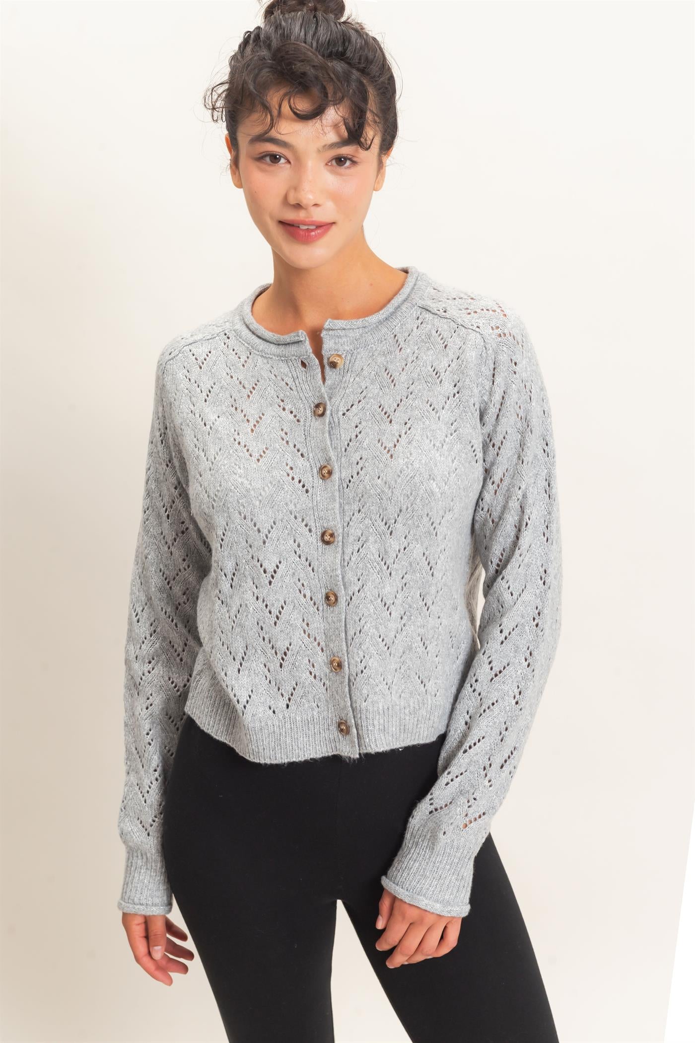 Wholesale Pointelle Knit Button Front Cardigan Cardigans DZ26C978 HEATHER GRAY DOUBLE ZERO