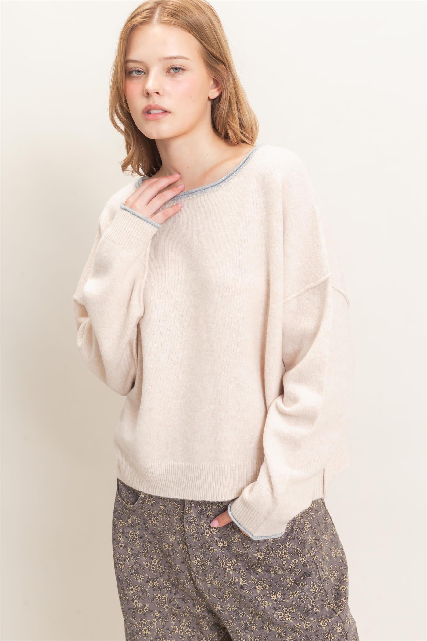 Wholesale Relaxed Wide Neck Knit Sweater Sweaters HF26E066-D ALMOND HYFVE