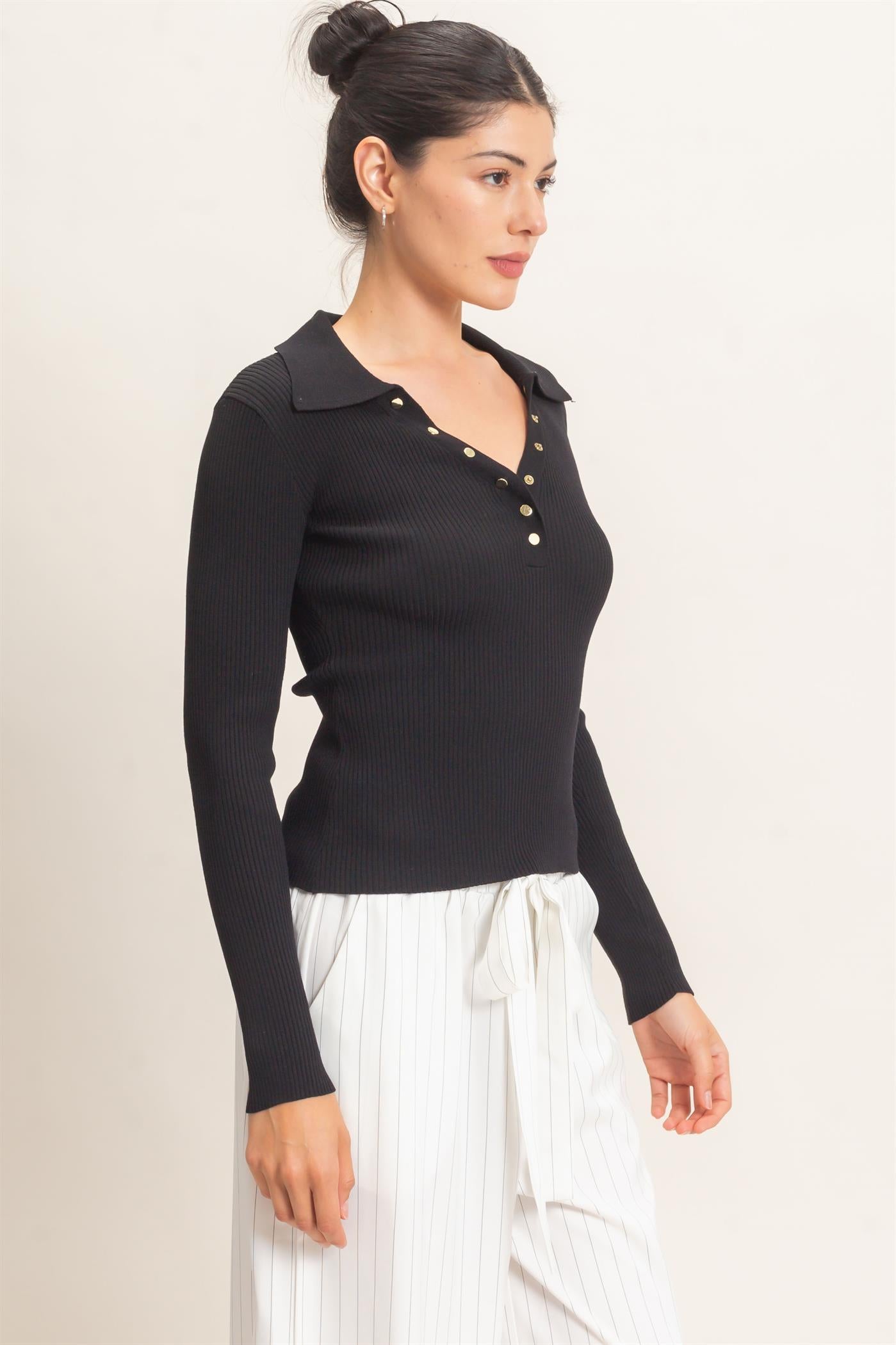Wholesale Ribbed V-Neck Sweater With Collar Clothing Tops HF26E684 BLACK HYFVE