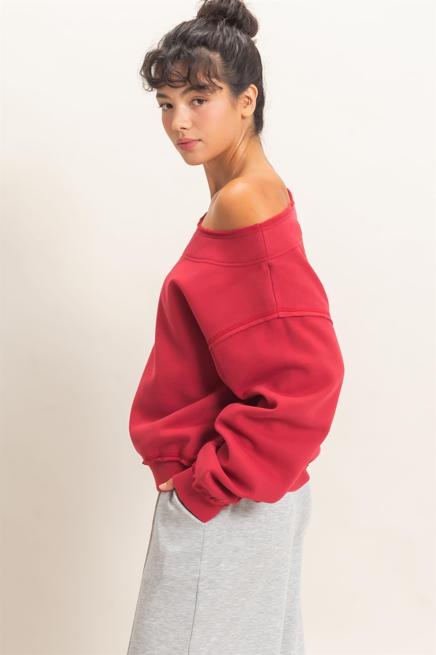 Wholesale Off Shoulder Sweatshirt Sweatshirts DZ26C880 DARK RED DOUBLE ZERO