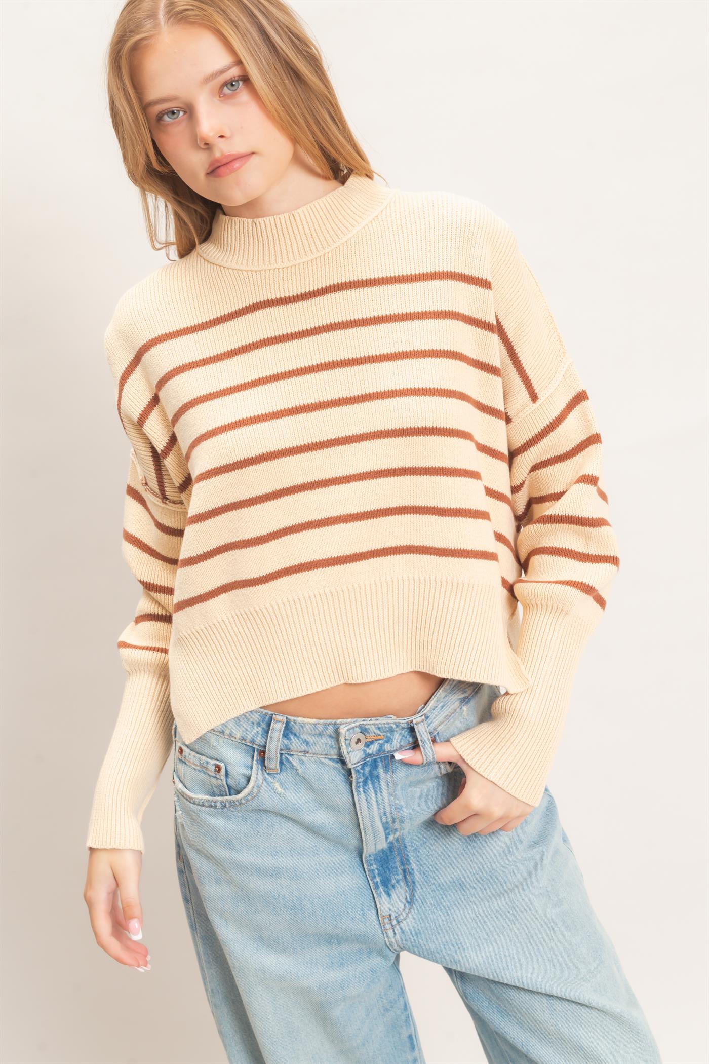 Wholesale Striped Mock Neck Cropped Sweater Sweaters HF26F192 BROWN HYFVE