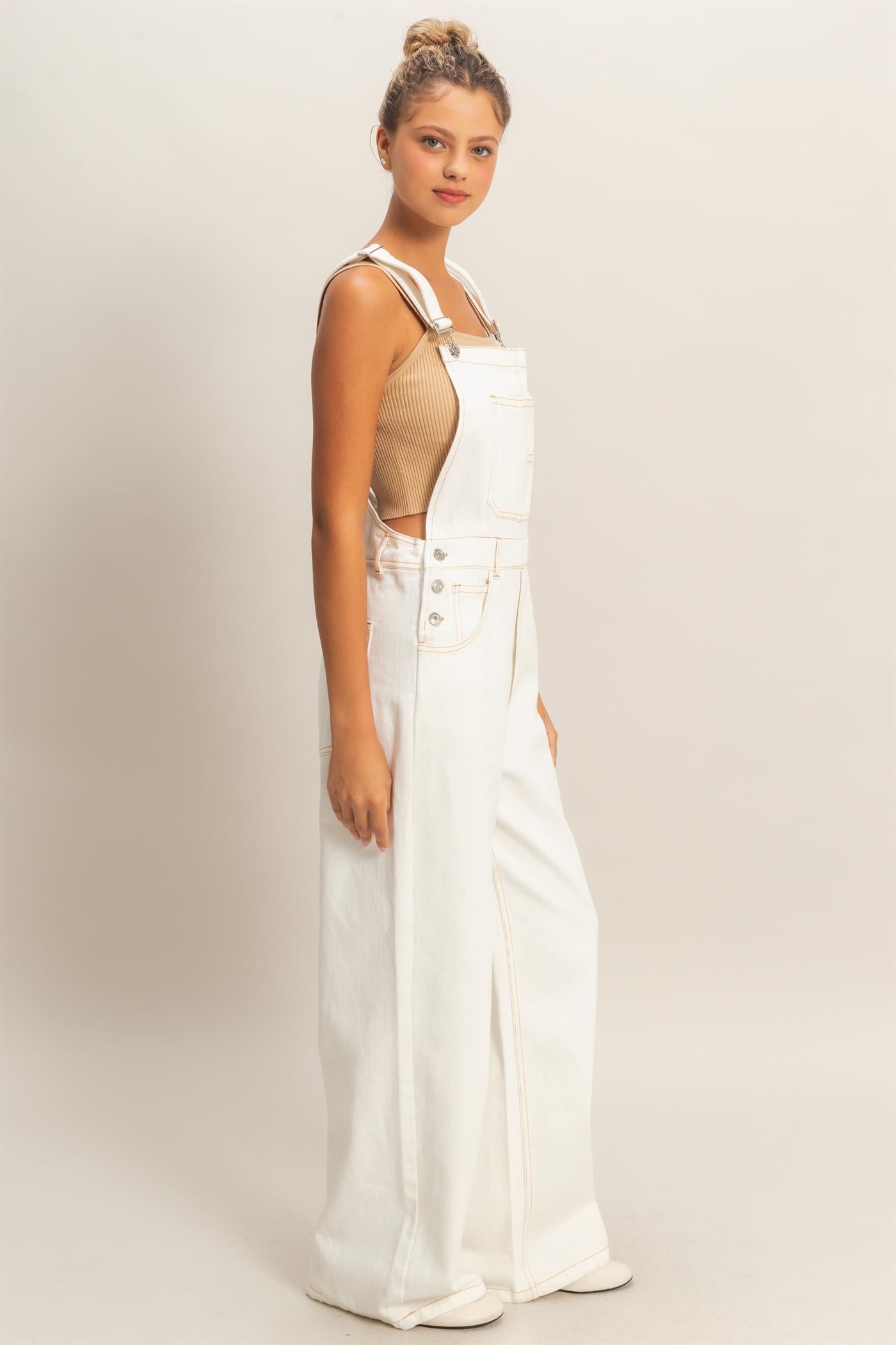 Wholesale Snow Wash Denim Overalls Clothing HF26C185 WHITE DENIM HYFVE