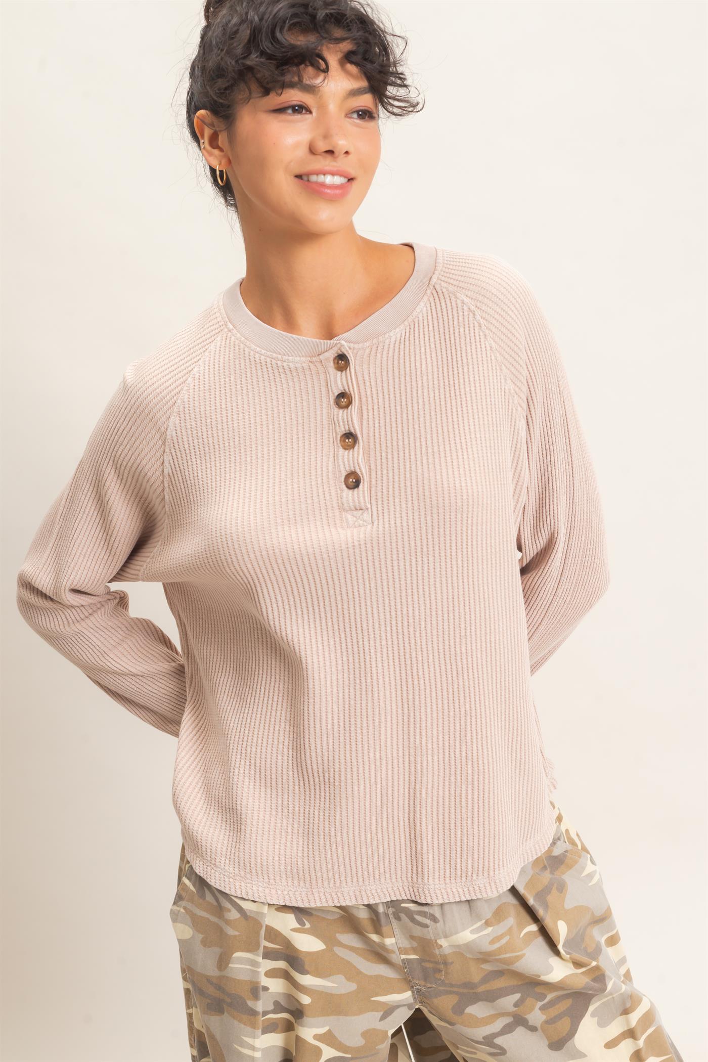Wholesale Mineral Wash Waffle Knit Henley Top Sweatshirts DZ26E947 DARK TAUPE DOUBLE ZERO