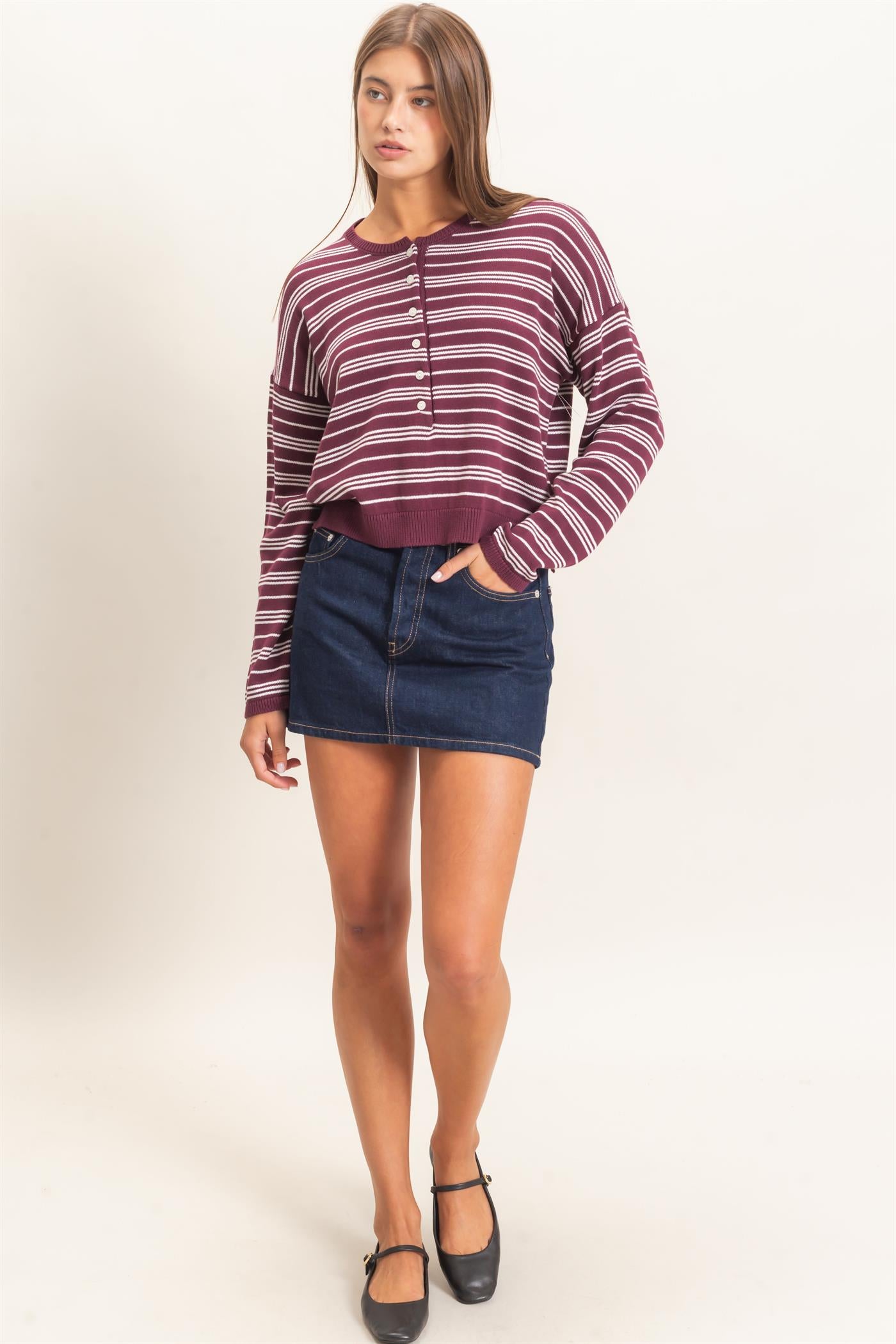 Wholesale Striped Henley Sweater Sweaters DZ26E113 DARK CHERRY DOUBLE ZERO