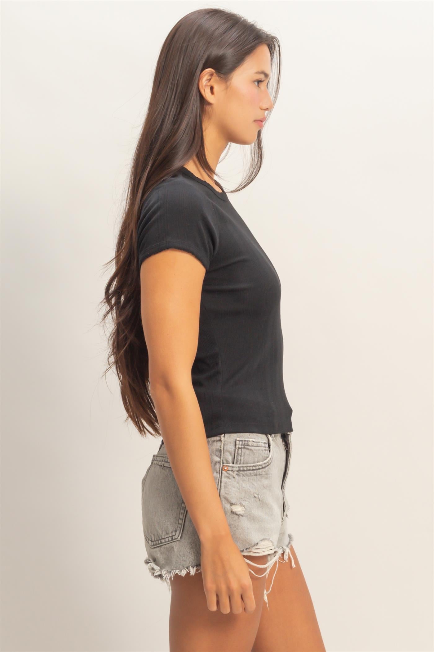 Wholesale Pointelle Short Sleeve Top Clothing Tops DZ26C285 BLACK DOUBLE ZERO