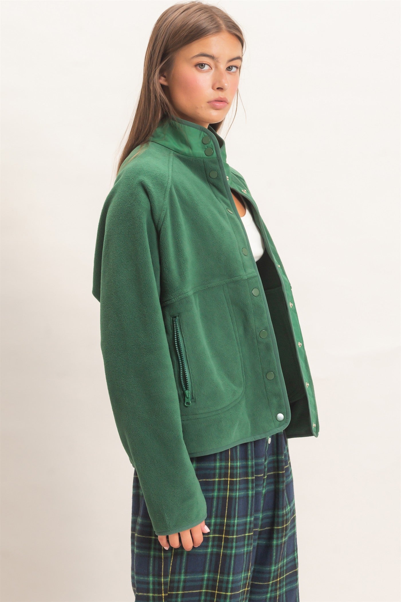 Wholesale Fleece Jacket With Button Front Coats & Jackets DZ26F086 DARK GREEN DOUBLE ZERO