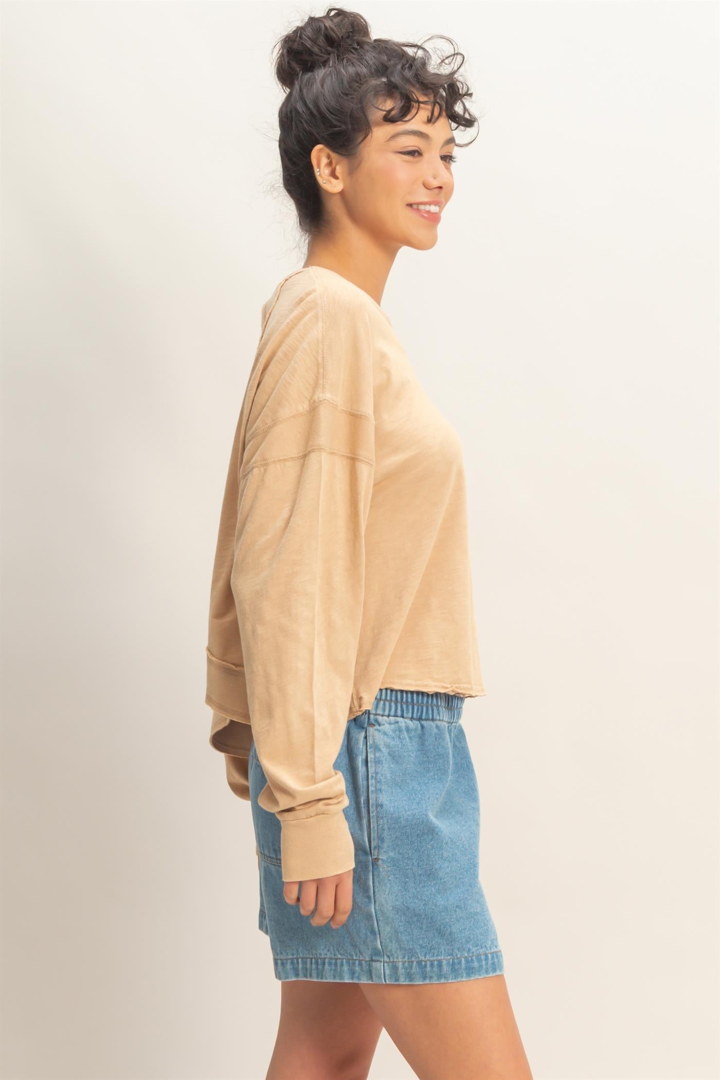 Wholesale Cross Detail Open Back Long-Sleeve Top Clothing Tops DZ26C731 DARK TAUPE DOUBLE ZERO