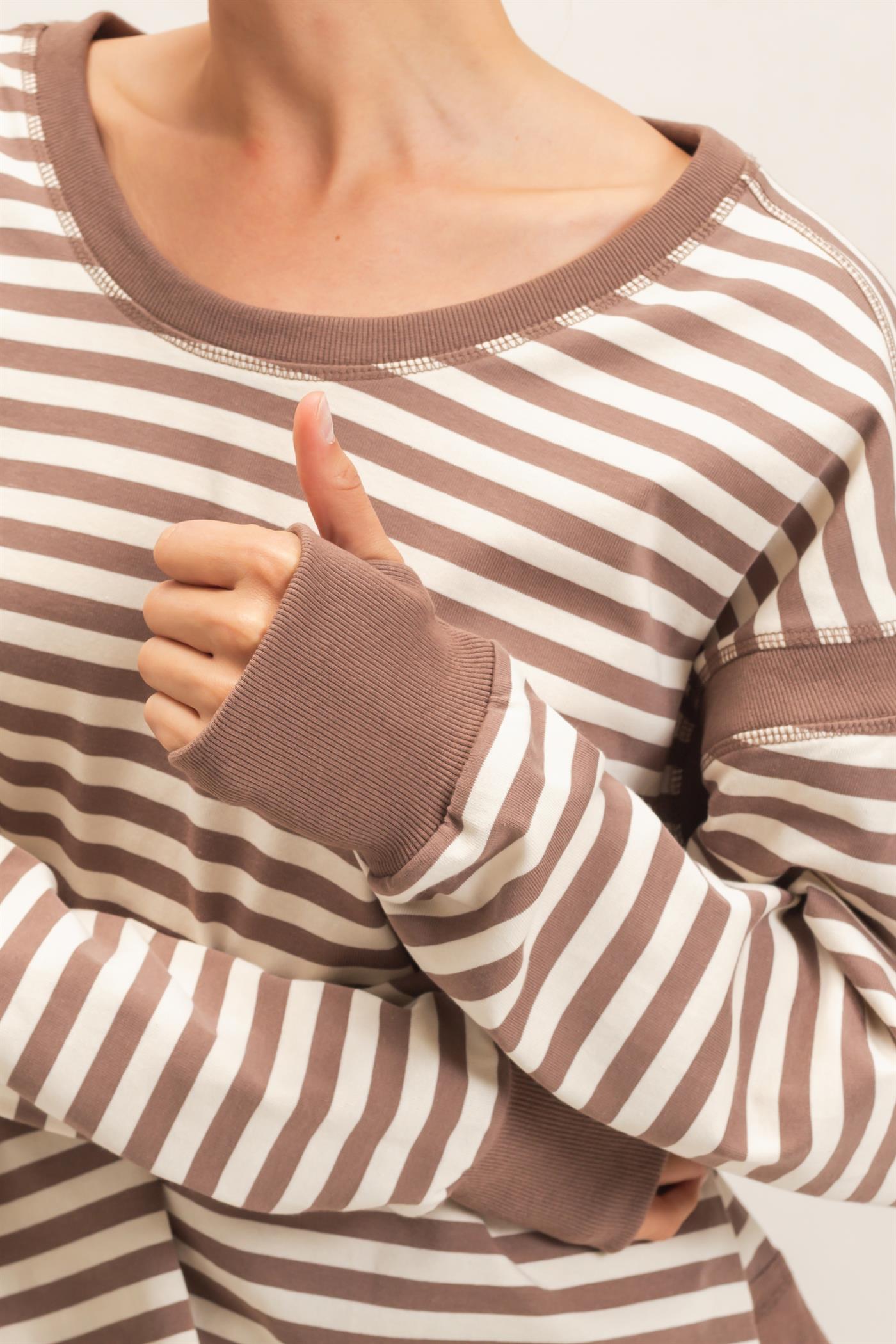Wholesale Striped Long Sleeve Top Clothing Tops HF26C908-D MOCHA HYFVE