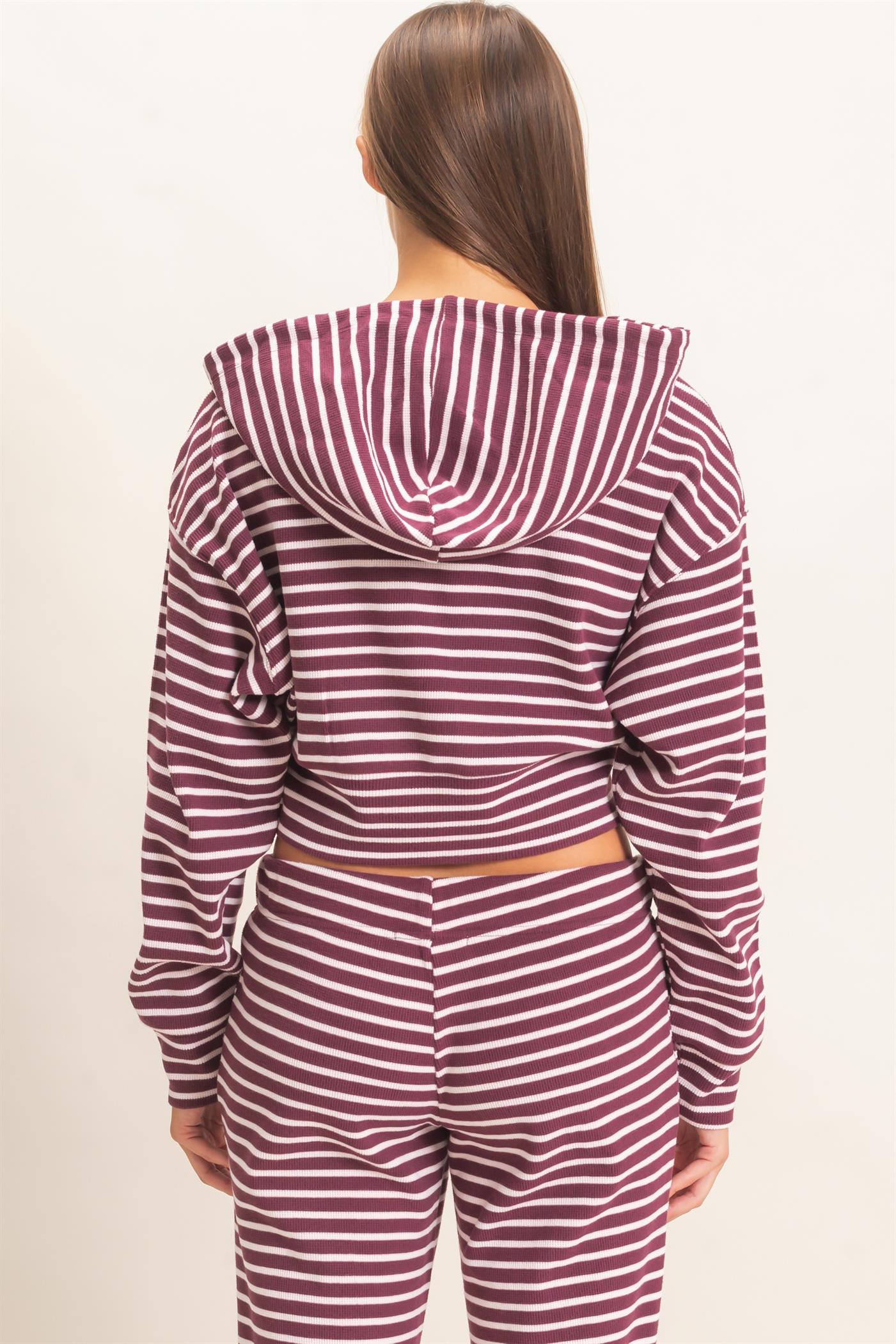 Wholesale Striped Zip-Up Hoodie Hoodies DZ26E433 DARK CHERRY DOUBLE ZERO