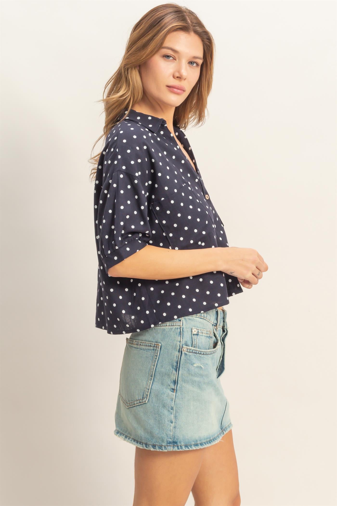 Wholesale Polka Dot Button-Up Shirt Shirts HF26E417-D NAVY HYFVE