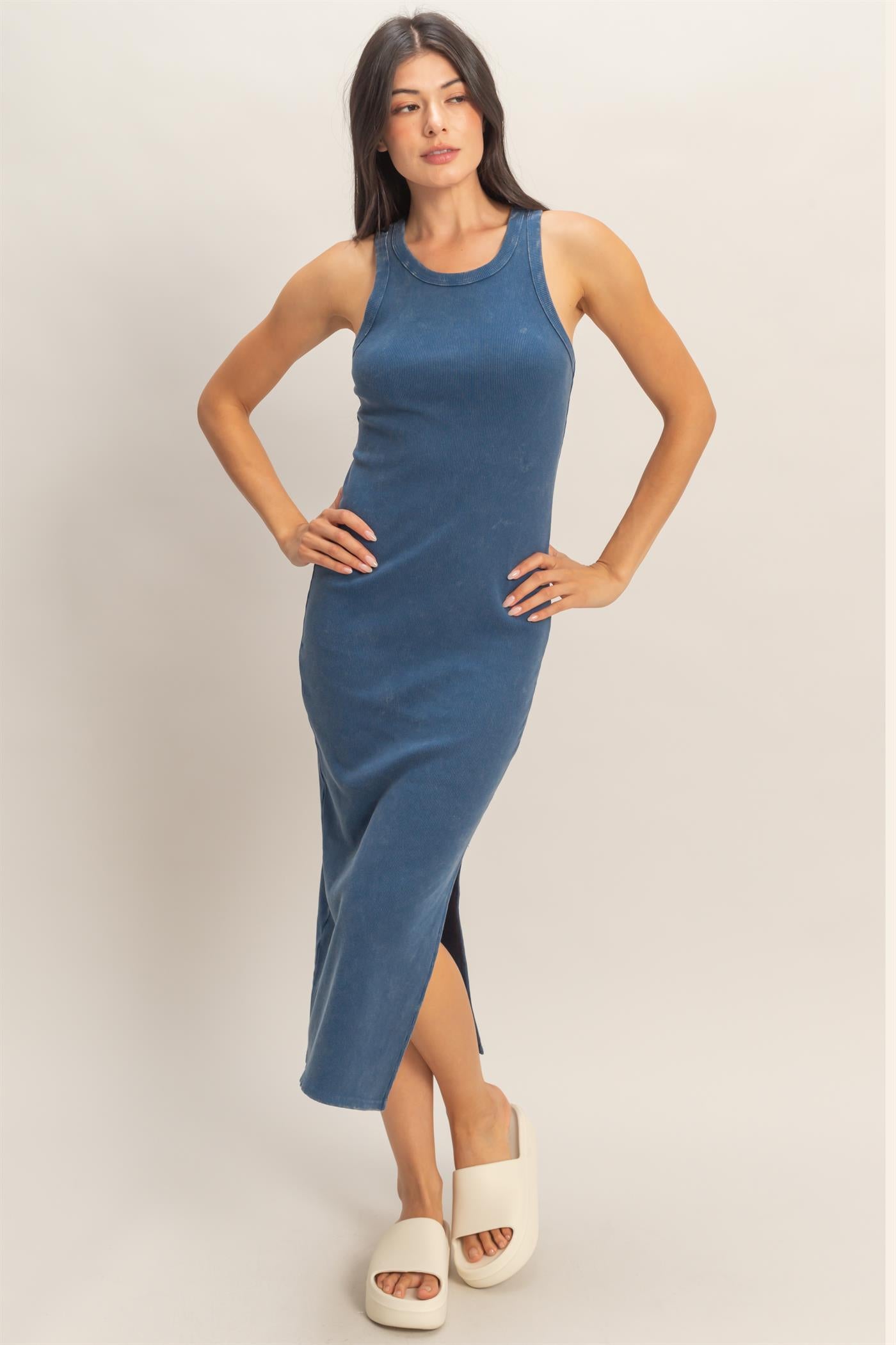 Wholesale Acid Washed Ribbed Midi Tank Dress Dresses DZ26C060 NAVY DOUBLE ZERO