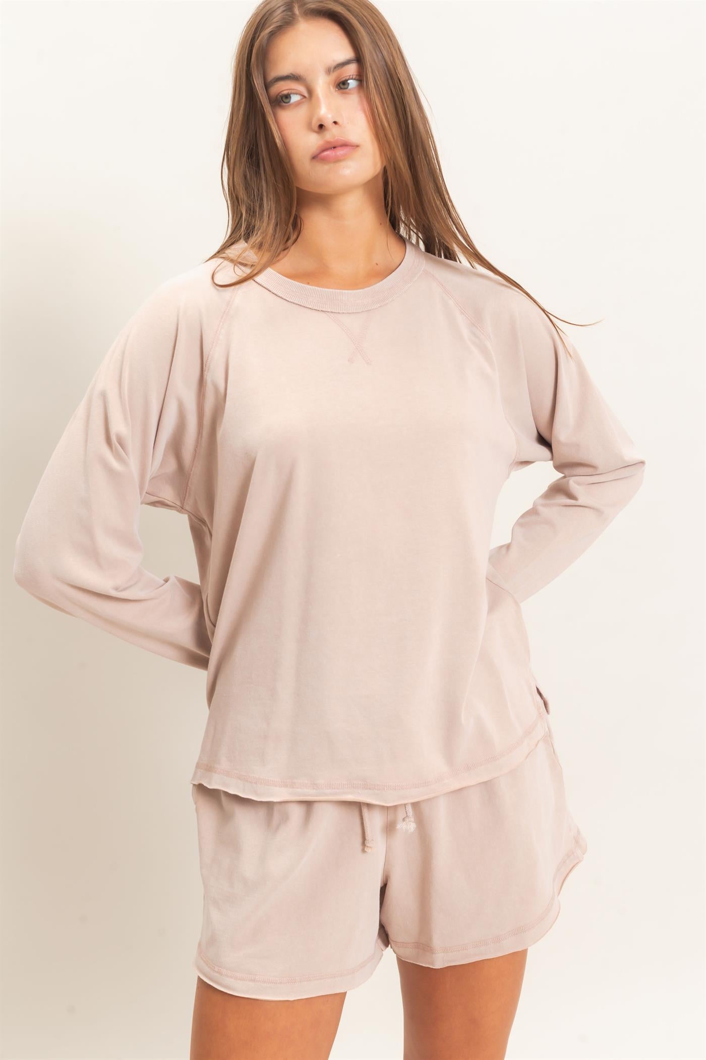 Wholesale Mineral Wash Long Sleeve Raw Edge Top & Shorts Set Clothing DZ26F403-SET DARK TAUPE DOUBLE ZERO