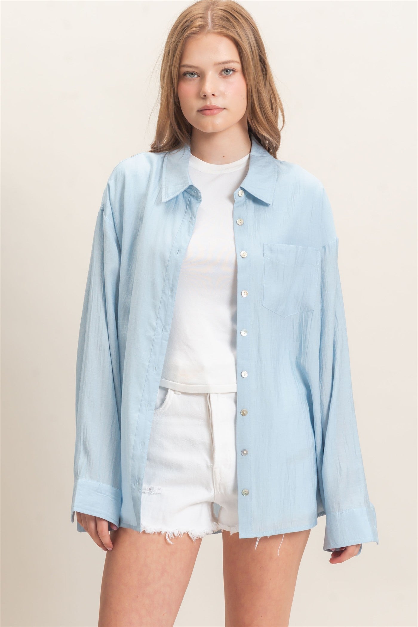 Wholesale Crinkled Button-Up Shirt Clothing Tops HF26E691 LIGHT BLUE HYFVE