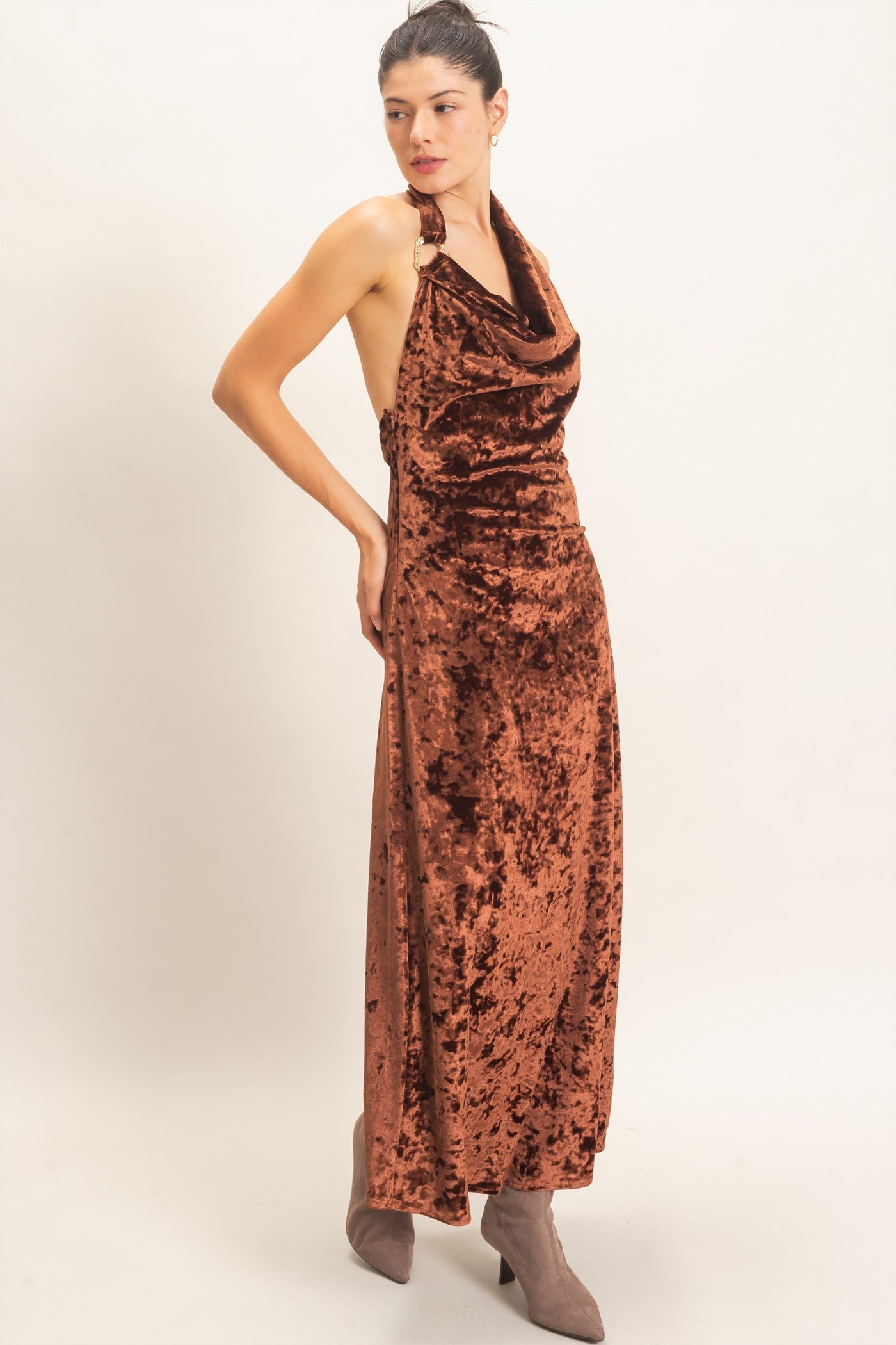 Wholesale Velvet Cowl Neck Halter Dress Dresses HF26F178 CHOCOLATE HYFVE