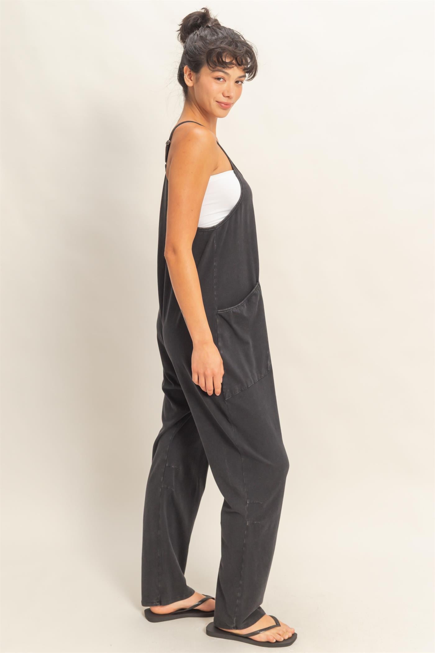 Wholesale Mineral Wash Spaghetti Strap Jumpsuit Clothing DZ26C375 BLACK DOUBLE ZERO