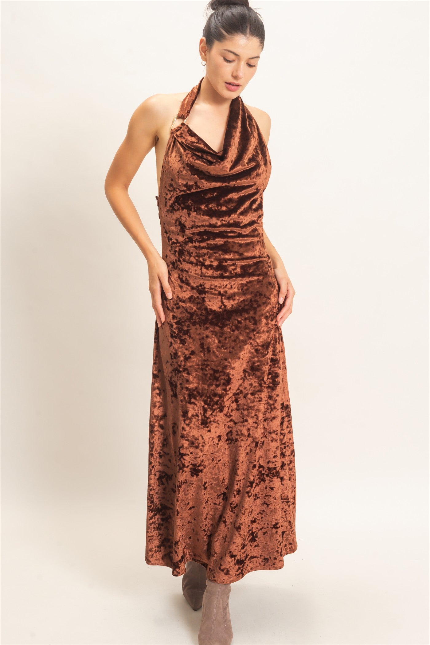 Wholesale Velvet Cowl Neck Halter Dress Dresses HF26F178 CHOCOLATE HYFVE