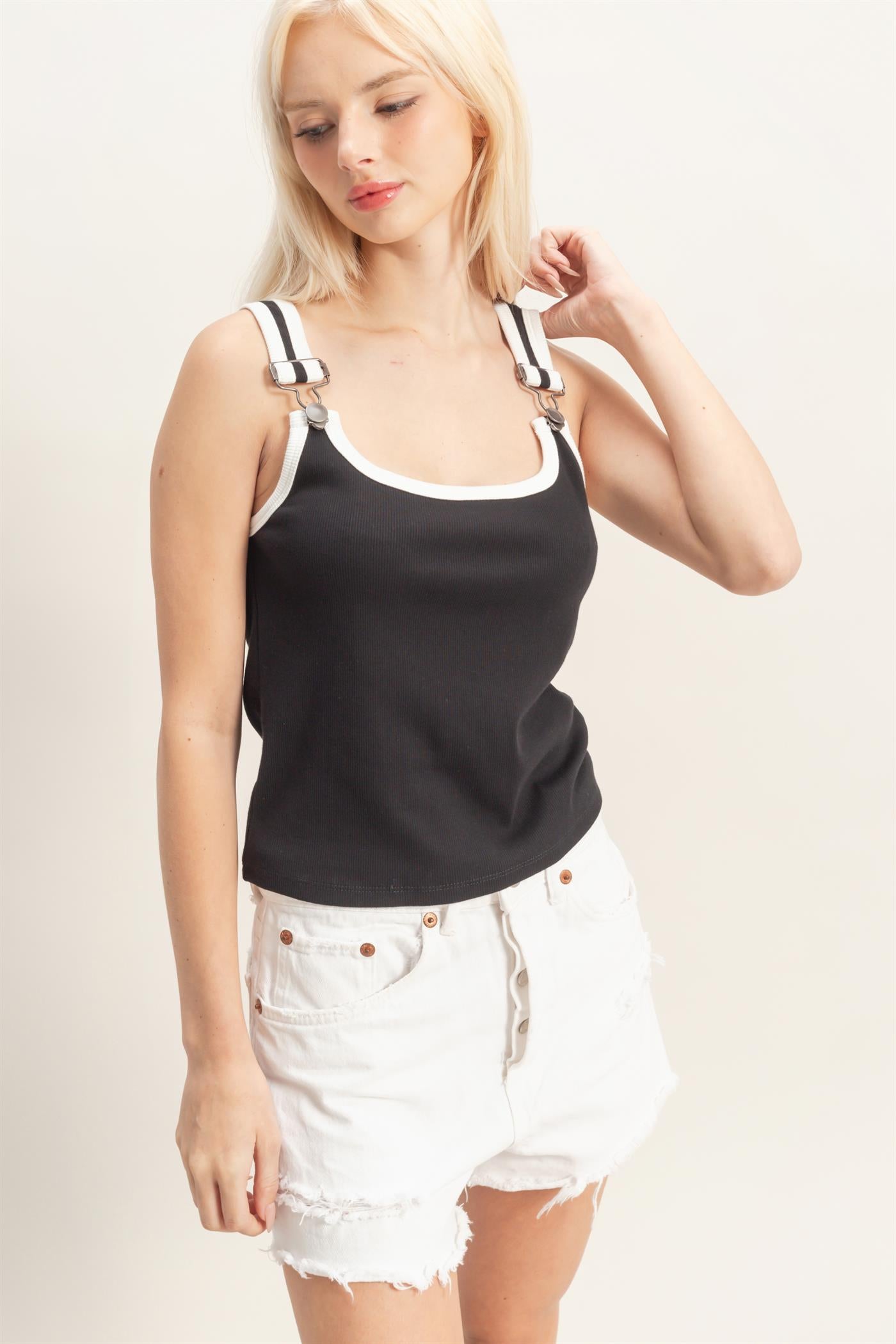 Wholesale Scoop Neck Buckle Strap Tank Top Tank Tops DZ26C345 BLACK DOUBLE ZERO