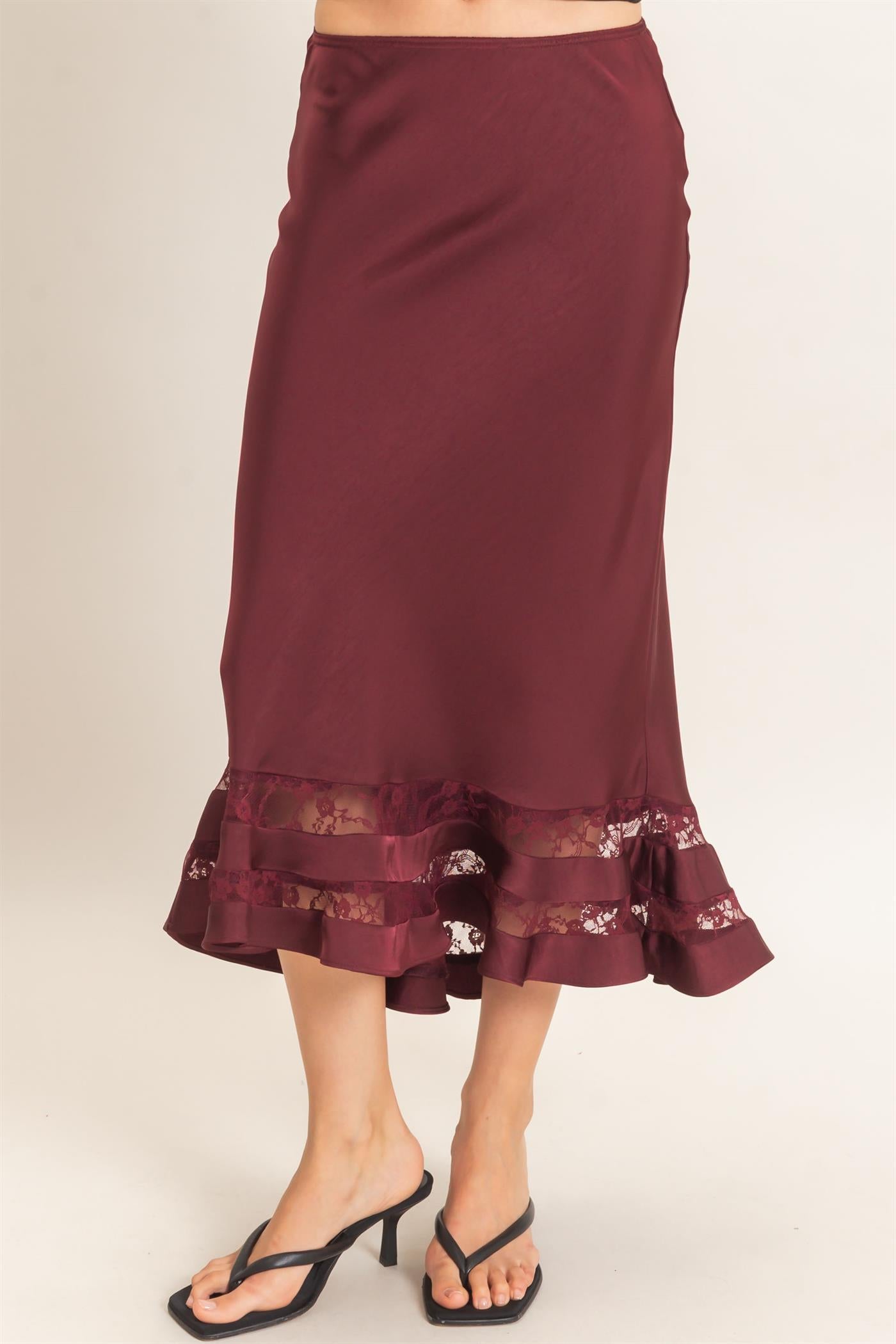 Wholesale Bias Cut Satin Skirt With Lace Hem Skirts HF26E306 BURGUNDY HYFVE