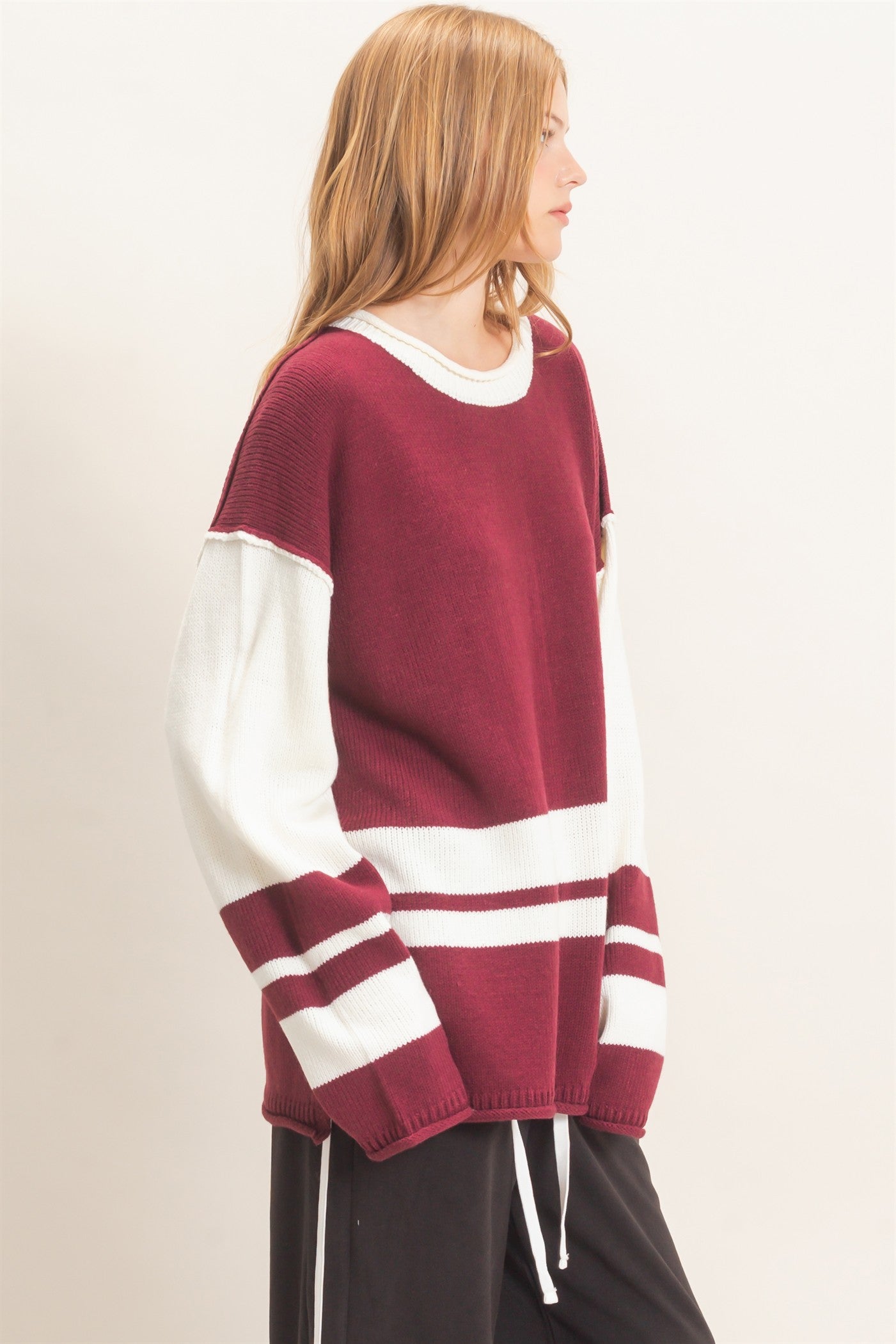 Wholesale Striped Crew Neck Sweater Sweaters HF26E793 CRANBERRY HYFVE