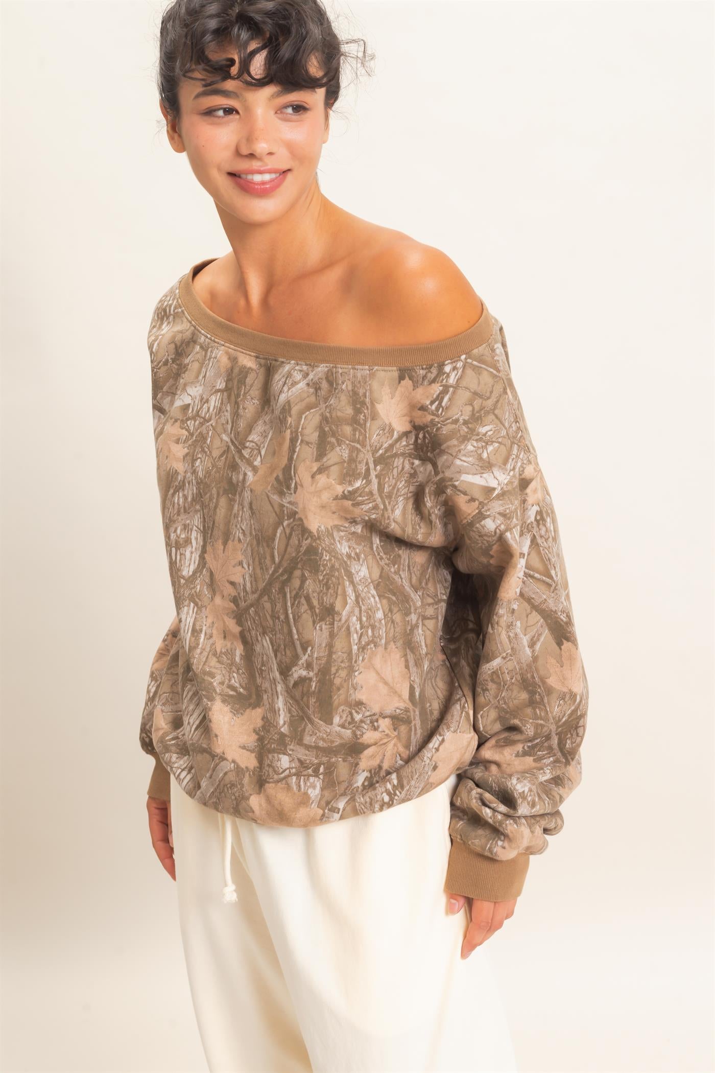 Wholesale Tree Camouflage Print Off The Shoulder Sweatshirt Sweatshirts DZ26F310 BROWN DOUBLE ZERO