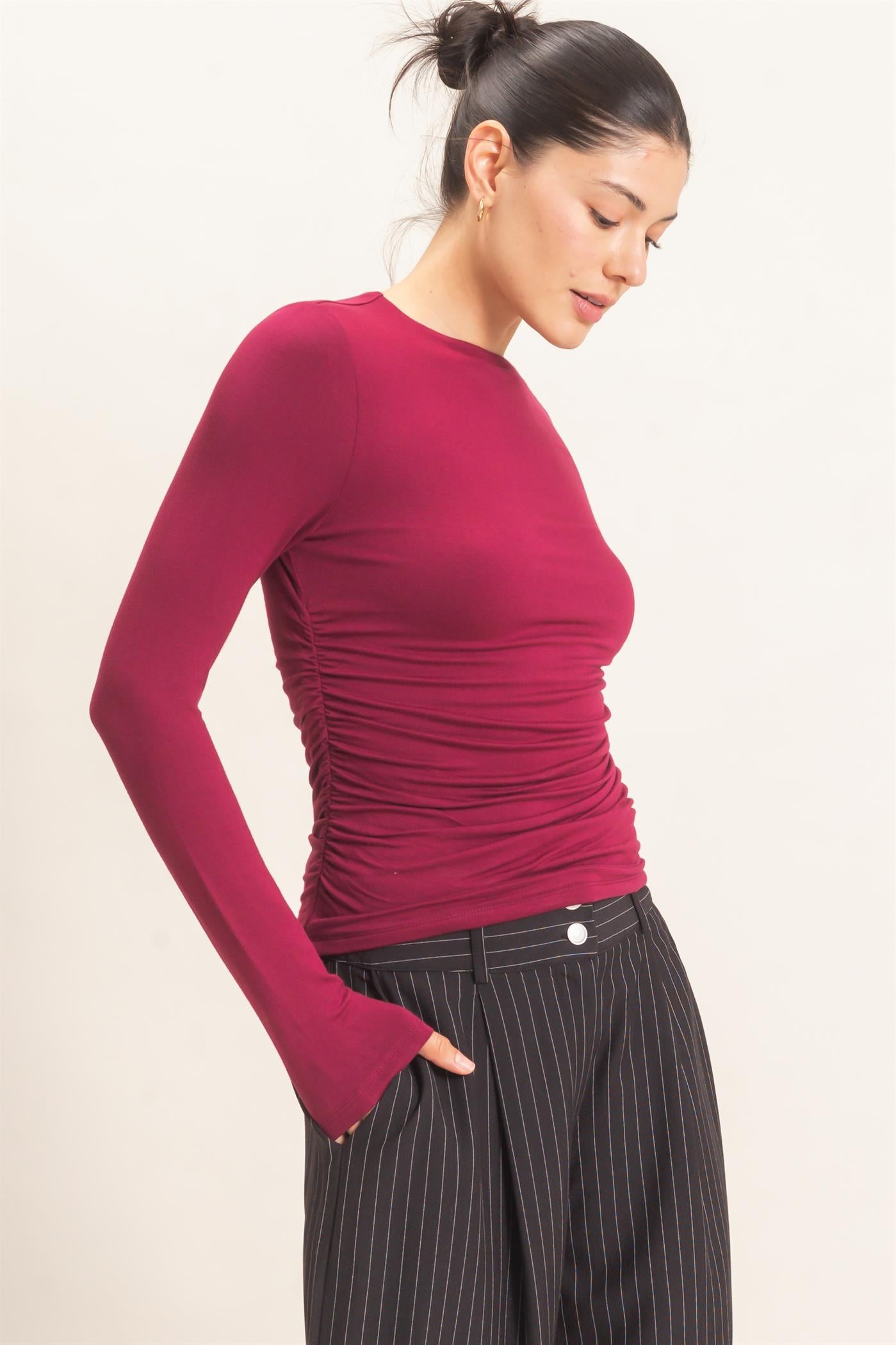 Wholesale Ruched Long Sleeve Top Clothing Tops HF26E776 BURGUNDY HYFVE
