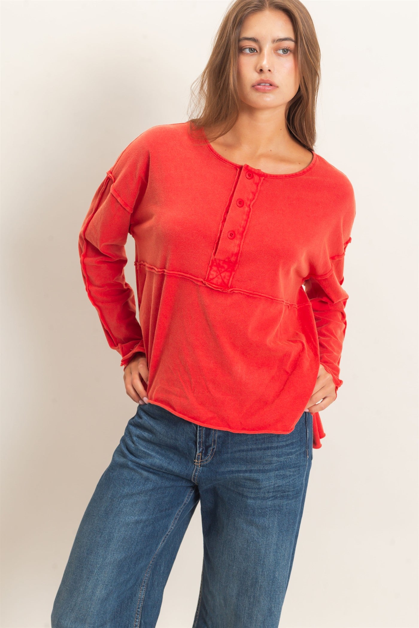 Wholesale Oversized Henley Top With Raw Edges Clothing Tops DZ26F128 RED DOUBLE ZERO