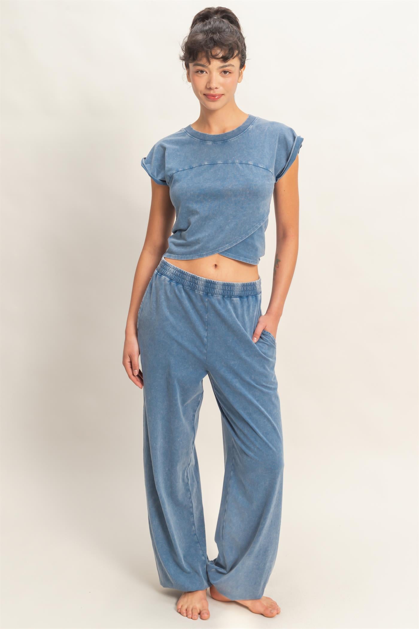 Wholesale Rolled Sleeve Wrap-Front Crop Top And Jogger Set Clothing DZ26A172-SET NAVY DOUBLE ZERO